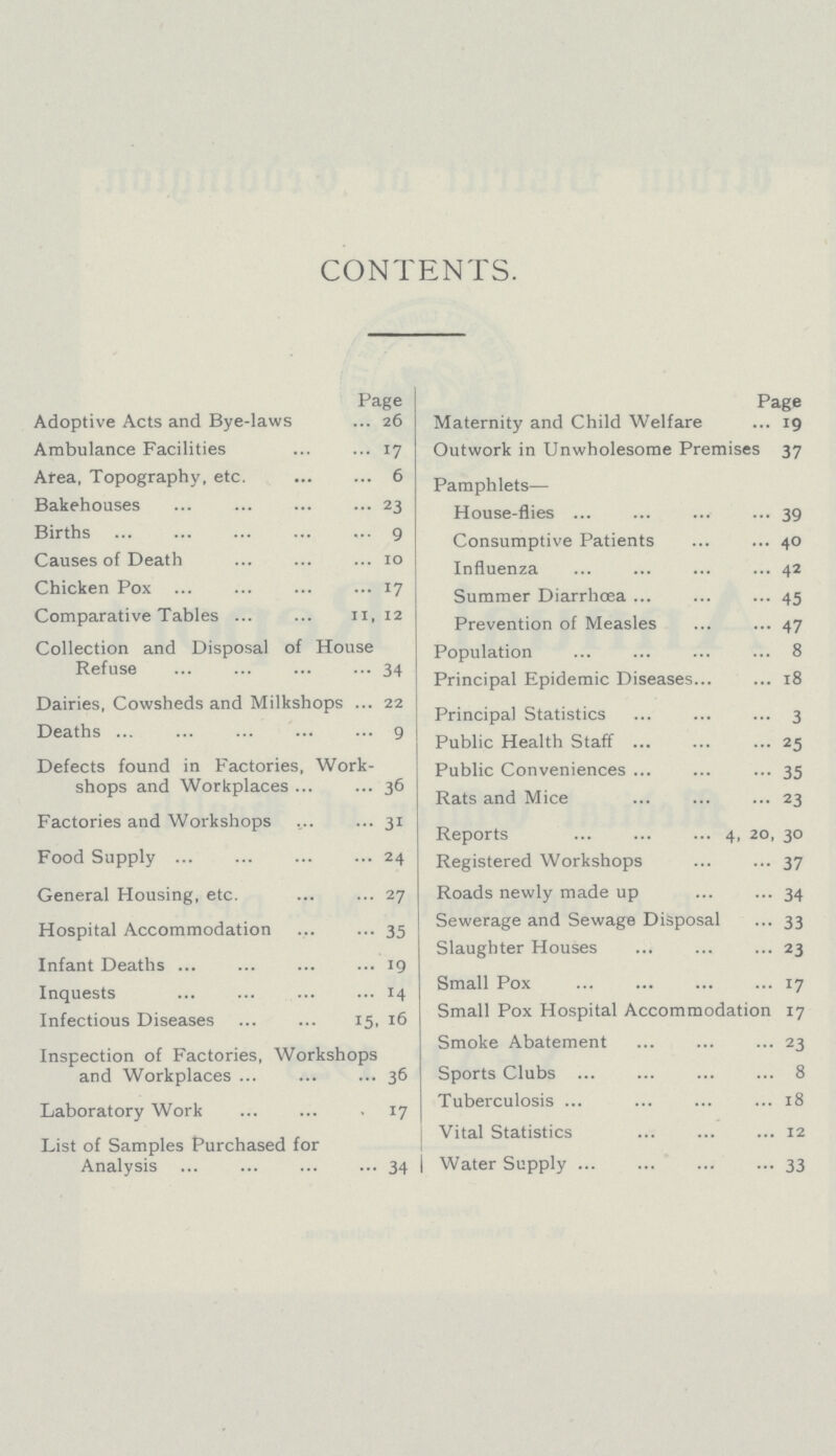 CONTENTS. Page Adoptive Acts and Bye-laws 26 Ambulance Facilities 17 Area, Topography, etc. 6 Bakehouses 23 Births 9 Causes of Death 10 Chicken Pox 17 Comparative Tables 11,12 Collection and Disposal of House Refuse 34 Dairies, Cowsheds and Milkshops 22 Deaths 9 Defects found in Factories, Work shops and Workplaces 36 Factories and Workshops 31 Food Supply 24 General Housing, etc. 27 Hospital Accommodation 35 Infant Deaths 19 Inquests 14 Infectious Diseases 15, 16 Inspection of Factories, Workshops and Workplaces 36 Laboratory Work 17 List of Samples Purchased for Analysis 34 Page Maternity and Child Welfare 19 Outwork in Unwholesome Premises 37 Pamphlets— House-flies 39 Consumptive Patients 40 Influenza 42 Summer Diarrhoea 45 Prevention of Measles 47 Population 8 Principal Epidemic Diseases 18 Principal Statistics 3 Public Health Staff 25 Public Conveniences 35 Rats and Mice 23 Reports 4, 20, 30 Registered Workshops 37 Roads newly made up 34 Sewerage and Sewage Disposal 33 Slaughter Houses 23 Small Pox 17 Small Pox Hospital Accommodation 17 Smoke Abatement 23 Sports Clubs 8 Tuberculosis 18 Vital Statistics 12 Water Supply 33