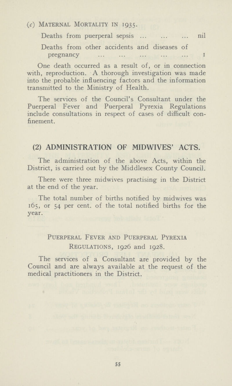 (c) Maternal Mortality in 1935. Deaths from puerperal sepsis nil Deaths from other accidents and diseases of pregnancy 1 One death occurred as a result of, or in connection with, reproduction. A thorough investigation was made into the probable influencing factors and the information transmitted to the Ministry of Health. The services of the Council's Consultant under the Puerperal Fever and Puerperal Pyrexia Regulations include consultations in respect of cases of difficult con finement. (2) ADMINISTRATION OF MIDWIVES' ACTS. The administration of the above Acts, within the District, is carried out by the Middlesex County Council. There were three midwives practising in the District at the end of the year. The total number of births notified by midwives was 165, or 54 per cent. of the total notified births for the year. Puerperal Fever and Puerperal Pyrexia Regulations, 1926 and 1928. The services of a Consultant are provided by the Council and are always available at the request of the medical practitioners in the District. 55