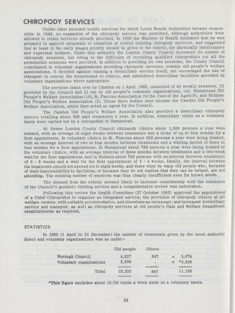 CHIROPODY SERVICES Unlike other personal health services for which Local Health Authorities became respon sible in 1948, no expansion of the chiropody service was permitted, although authorities were allowed to retain services already provided. In 1959 the Minister of Health intimated that he was prepared to approve proposals to establish or extend existing chiropody services, and suggested that at least in the early stages priority should be given to the elderly, the physically handicapped and expectant mothers. Under this authority the London County Council increased its number of chiropody sessions, but owing to the difficulty of recruiting qualified chiropodists not all the permissible sessions were provided. In addition to providing its own sessions, the County Council contributed to voluntary organisations providing chiropody services, notably old people's welfare associations. It decided against running a domiciliary service itself, but encouraged the use of transport to convey the housebound to clinics, and subsidised domiciliary facilities provided by voluntary organisations where appropriate. The services taken over by Camden on 1 April 1965, consisted of 43 weekly sessions, 22 provided by the Council and 21 run by old people's voluntary organisations, viz: Hampstead Old People's Welfare Association (10), St. Pancras Association for the Care of the Aged (9), and Holborn Old People's Welfare Association (2). These three bodies later became the Camden Old People's Welfare Association, which then acted as agent for the Council. The Camden Old People's Welfare Association also provided a domiciliary chiropody service totalling about 800 paid treatments a year. In addition, domiciliary visits on a voluntary basis were carried out by a chiropodist in Hampstead. At former London County Council chiropody clinics about 1,500 persons a year were treated, with an average of eight weeks between treatments and a delay of up to four months for a first appointment. In voluntary clinics in St. Pancras about 850 persons a year were being treated, with an average interval of two to four months between treatments and a waiting period of three to four months for a first appointment. In Hampstead about 780 persons a year were being treated at the voluntary clinics, with an average interval of three months between treatments and a two-week wait for the first appointment, and in Holborn about 750 persons with an interval between treatments of 6 - 8 weeks and a wait for the first appointment of 3 - 4 weeks. Ideally, the interval between the treatments should not exceed six to eight weeks, and there must be many old people who, because of their inaccessibility to facilities, or because they do not realise that they can be helped, are not attending. The existing number of sessions was thus clearly insufficient even for known needs. The demand from the elderly seemed likely to increase considerably with the extension of the Council's geriatric visiting service and a comprehensive review was undertaken. • Following this review the Health Committee (27 October 1965) approved the appointment of a Chief Chiropodist to organise an integrated service; the provision of chiropody clinics at all welfare centres, with suitable accommodation, and elsewhere as necessary; and increased domiciliary service and transport, as well as chiropody services at old people's flats and Welfare Department establishments as required. STATISTICS In 1965 (1 April to 31 December) the number of treatments given by the local authority direct and voluntary organisations was as under Old people Others Borough Council 4,827 847 = 5,674 Voluntary organisations 5,506 - = *5,506 Total 10,333 847 11,180 •This figure excludes about 15/20 visits a week made on a voluntary basis. 52