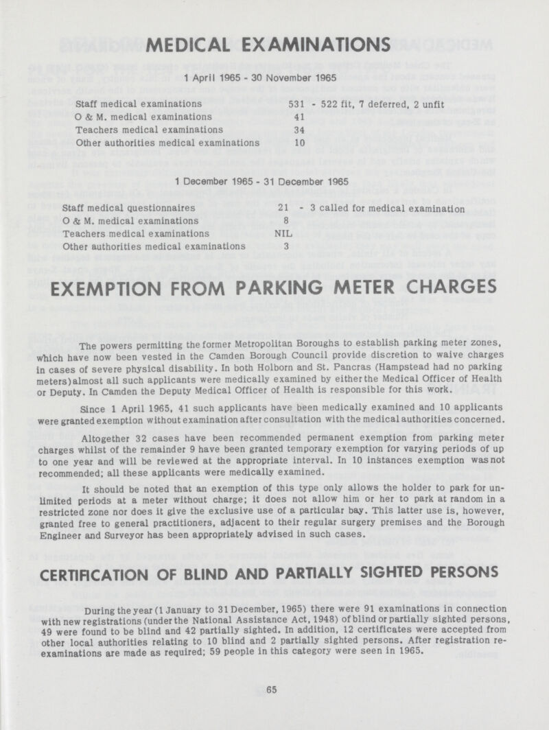 MEDICAL EXAMINATIONS 1 April 1965 - 30 November 1965 Staff medical examinations 531 - 522 fit, 7 deferred. 2 unfit O & M. medical examinations 41 Teachers medical examinations 34 Other authorities medical examinations 10 1 December 1965 - 31 December 1965 Staff medical questionnaires 21 - 3 called for medical examination O & M. medical examinations 8 Teachers medical examinations NIL Other authorities medical examinations 3 EXEMPTION FROM PARKING METER CHARGES The powers permitting the former Metropolitan Boroughs to establish parking meter zones, which have now been vested in the Camden Borough Council provide discretion to waive charges in cases of severe physical disability. In both Holborn and St. Pancras (Hampstead had no parking meters) almost all such applicants were medically examined by either the Medical Officer of Health or Deputy. In Camden the Deputy Medical Officer of Health is responsible for this work. Since 1 April 1965, 41 such applicants have been medically examined and 10 applicants were granted exemption without examination after consultation with the medical authorities concerned. Altogether 32 cases have been recommended permanent exemption from parking meter charges whilst of the remainder 9 have been granted temporary exemption for varying periods of up to one year and will be reviewed at the appropriate interval. In 10 instances exemption was not recommended; all these applicants were medically examined. It should be noted that an exemption of this type only allows the holder to park for un limited periods at a meter without charge; it does not allow him or her to park at random in a restricted zone nor does it give the exclusive use of a particular bay. This latter use is, however, granted free to general practitioners, adjacent to their regular surgery premises and the Borough Engineer and Surveyor has been appropriately advised in such cases. CERTIFICATION OF BLIND AND PARTIALLY SIGHTED PERSONS During the year (1 January to 31 December, 1965) there were 91 examinations in connection with new registrations (under the National Assistance Act, 1948) of blind or partially sighted persons 49 were found to be blind and 42 partially sighted. In addition, 12 certificates were accepted from other local authorities relating to 10 blind and 2 partially sighted persons. After registration re examinations are made as required; 59 people in this category were seen in 1965. 65