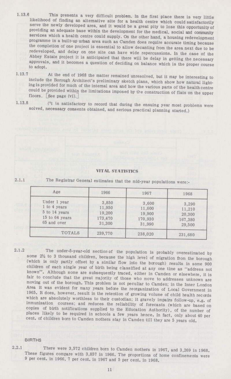 1.13.6 This presents a very difficult problem. In the first place there is very little likelihood of finding an alternative site for a health centre which could satisfactorily serve the newly developed area, and it would be a great pity to lose this opportunity of providing an adequate base within the development for the medical, social and community services which a health centre could supply. On the other hand, a housing redevelopment programme in a built-up urban area such as Camden does require accurate timing because the completion of one project is essential to allow decanting from the area next due to be redeveloped, and delay on one site can have wide repercussions. In the case of the Abbey Estate project it is anticipated that there will be delay in getting the necessary approvals, and it becomes a question of deciding on balance which is the proper course to adopt. 1.13.7 At the end of 1968 the matter remained unresolved, but it may be interesting to include the Borough Architect's preliminary sketch plans, which show how natural light ing is provided for much of the internal area and how the various parts of the health centre could be provided within the limitations imposed by the construction of flats on the upper floors, [[see page (vi).D 1.13.8 (Tt is satisfactory to record that during the ensuing year most problems were solved, necessary consents obtained, and serious practical planning started.) 2.1.1 VITAL STATISTICS The Registrar General estimates that the mid-year populations were:- Age 1966 1967 1968 Under 1 year 3,850 3,600 3,290 1 to 4 years 11,950 11,600 11,210 5 to 14 years 19,200 19,900 20,300 15 to 64 years 173,470 170,930 167,380 65 and over 31,300 31,990 29,500 TOTALS 239,770 238,020 231,680 2.1.2 The under-5-year-old section of the population is probably overestimated by some 2½ to 3 thousand children, because the high level of migration from the borough (which is only partly offset by a similar flow into the borough) results in some 900 children of each single year of birth being classified at any one time as address not known. Although some are subsequently traced, either in Camden or elsewhere, it is fair to conclude that the great majority of those who move to addresses unknown are moving out of the borough. This problem is not peculiar to Camden; in the Inner London Area it was evident for many years before the reorganization of Local Government in 1965. It does, however, result in the retention of growing volume of child health records which are absolutely worthless to their custodian; it gravely impairs follow-up, e.g. of immunisation courses; and reduces the reliability of forecasts (which are based on copies of birth notifications supplied to the Education Authority), of the number of places likely to be required in schools a few years hence. In fact, only about 40 per cent, of children born to Camden mothers stay in Camden till they are 5 years old. BIRTHS 2.2.1 There were 3,572 children born to Camden mothers in 1967, and 3,269 in 1968. These figures compare with 3,857 in 1966. The proportions of home confinements were 9 per cent, in 1966, 7 per cent, in 1967 and 5 per cent, in 1968. 11