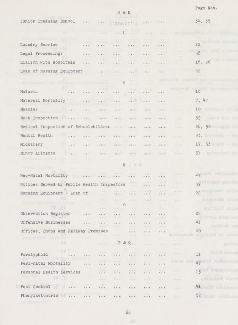 Page Nos. J & K Junior Training School 34, 35 L Laundry Service 22 Legal Proceedings 58 Liaison with Hospitals 16, 26 Loan of Nursing Equipment 22 M Malaria 10 Maternal Mortality 7, 47 Measles 10 Meat Inspection 39 Medical Inspection of Schoolchildren 26, 50 Mental Health 33, Midwifery 17, 53 Minor Ailments 51 N Neo-Natal Mortality 47 Notices Served by Public Health Inspectors 59 Nursing Equipment - Loan of 22 0 Observation Register 25 Offensive Businesses 41 Offices, Shops and Railway Premises 40 P & Q Paratyphoid 11 Peri-natal Mortality 47 Personal Health Services 15 Pest Control 41 Phenylketonuria 52 66