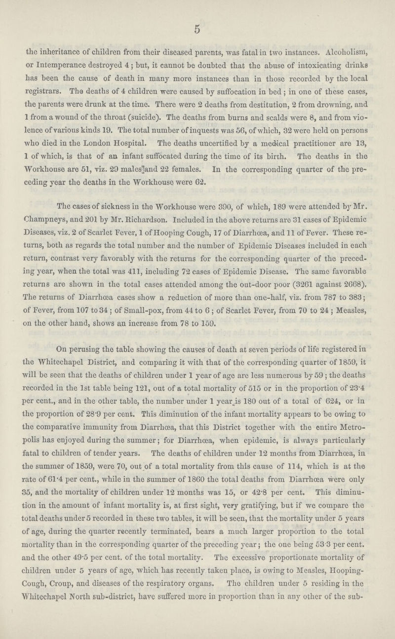 5 the inheritance of children from their diseased parents, was fatal in two instances. Alcoholism, or Intemperance destroyed 4; but, it cannot be doubted that the abuse of intoxicating drinks has been the cause of death in many more instances than in those recorded by the local registrars. Tha deaths of 4 children were caused by suffocation in bed; in one of these cases, the parents were drunk at the time. There were 2 deaths from destitution, 2 from drowning, and 1 from a wound of the throat (suicide). The deaths from burns and scalds were 8, and from vio lence of various kinds 19. The total number of inquests was 56, of which, 32 were held on persons who died in the London Hospital. The deaths uncertified by a medical practitioner are 13, 1 of which, is that of an infant suffocated during the time of its birch. The deaths in the Workhouse are 61, viz. 29 males and 22 females. In the corresponding quarter of the pre ceding year the deaths in the Workhouse were 62. The cases of sickness in the Workhouse were 390, of which, 189 were attended by Mr. Champneys, and 201 by Mr. Richardson. Included in the above returns aro 31 cases of Epidemic Diseases, viz. 2 of Scarlet Fever, 1 of Hooping Cough, 17 of Diarrhoea, and 11 of Fever. These re turns, both as regards the total number and the number of Epidemic Diseases included in each return, contrast very favorably with the returns for the corresponding quarter of the preced ing year, when the total was 411, including 72 cases of Epidemic Disease. The same favorable returns are shown in the total cases attended among the out-door poor (3261 against 2668), The returns of Diarrhoea cases show a reduction of more than one-half, viz. from 787 to 383; of Fever, from 107 to 34 ; of Small-pox, from 44 to 6; of Scarlet Fever, from 70 to 24 ; Measles, on the other hand, shows an increase from 78 to 159. On perusing the table showing the causes of death at seven periods of life registered in the Whitechapel District, and comparing it with that of the corresponding quarter of 1859, it will be seen that the deaths of children under 1 year of age are less numerous by 59; the deaths recorded in the 1st table being 121, out of a total mortality of 515 or in the proportion of 23'4 per cent., and in the other table, the number under 1 year is 180 out of a total of 624, or in the proportion of 28.9 per cent. This diminution of the infant mortality appears to be owing to the comparative immunity from Diarrho3a, that this District together with the entire Metro polis has enjoyed during the summer; for Diarrhoea, when epidemic, is always particularly fatal to children of tender years. The deaths of children under 12 months from Diarrhoea, in the summer of 1859, were 70, out of a total mortality from this cause of 114, which is at the rate of 61'4 per cent., while in the summer of 1860 the total deaths from Diarrhoea were only 35, and the mortality of children under 12 months was 15, or 42.8 per cent. This diminu tion in the amount of infant mortality is, at first sight, very gratifying, but if we compare the total deaths under 5 recorded in these two tables, it will be seen, that the mortality under 5 years of age, during the quarter recently terminated, bears a much larger proportion to the total mortality than in the corresponding quarter of the preceding year; the one being 53.3 per cent. and the other 49'5 per cent. of the total mortality. The excessive proportionate mortality of children under 5 years of age, which has recently taken place, is owing to Measles, Hooping Cough, Croup, and diseases of the respiratory organs. The children under 5 residing in the Whitechapel North sub-district, have suffered more in proportion than in any other of the sub-