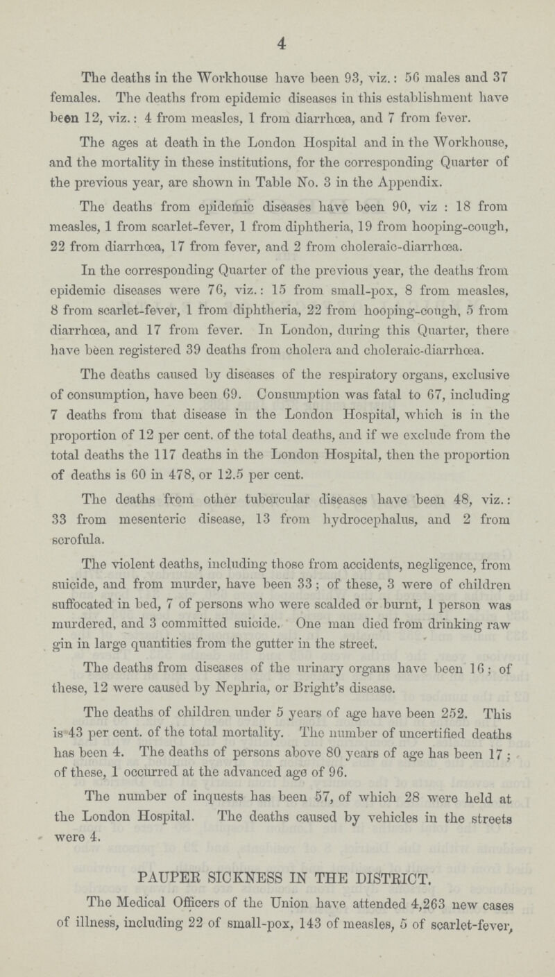 4 The deaths in the Workhouse have been 93, viz.: 56 males and 37 females. The deaths from epidemic diseases in this establishment have been 12, viz.: 4 from measles, 1 from diarrhoea, and 7 from fever. The ages at death in the London Hospital and in the Workhouse, and the mortality in these institutions, for the corresponding Quarter of the previous year, are shown in Table No. 3 in the Appendix. The deaths from epidemic diseases have been 90, viz : 18 from measles, 1 from scarlet-fever, 1 from diphtheria, 19 from hooping-cough, 22 from diarrhoea, 17 from fever, and 2 from choleraic-diarrhoea. In the corresponding Quarter of the previous year, the deaths from epidemic diseases were 76, viz.: 15 from small-pox, 8 from measles, 8 from scarlet-fever, 1 from diphtheria, 22 from hooping-cough, 5 from diarrhoea, and 17 from fever. In London, during this Quarter, there have been registered 39 deaths from cholera and choleraic-diarrhoea. The deaths caused by diseases of the respiratory organs, exclusive of consumption, have been 69. Consumption was fatal to 67, including 7 deaths from that disease in the London Hospital, which is in the proportion of 12 per cent. of the total deaths, and if we exclude from the total deaths the 117 deaths in the London Hospital, then the proportion of deaths is 60 in 478, or 12.5 per cent. The deaths from other tubercular diseases have been 48, viz.: 33 from mesenteric disease, 13 from hydrocephalus, and 2 from scrofula. The violent deaths, including those from accidents, negligence, from suicide, and from murder, have been 33; of these, 3 were of children suffocated in bed, 7 of persons who were scalded or burnt, 1 person was murdered, and 3 committed suicide. One man died from drinking raw gin in large quantities from the gutter in the street. The deaths from diseases of the urinary organs have been 16; of these, 12 were caused by Nephria, or Bright's disease. The deaths of children under 5 years of age have been 252. This is 43 per cent. of the total mortality. The number of uncertified deaths has been 4. The deaths of persons above 80 years of age has been 17; of these, 1 occurred at the advanced age of 96. The number of inquests has been 57, of which 28 were held at the London Hospital. The deaths caused by vehicles in the streets were 4. PAUPER SICKNESS IN THE DISTRICT. The Medical Officers of the Union have attended 4,263 new cases of illness, including 22 of small-pox, 143 of measles, 5 of scarlet-fever,