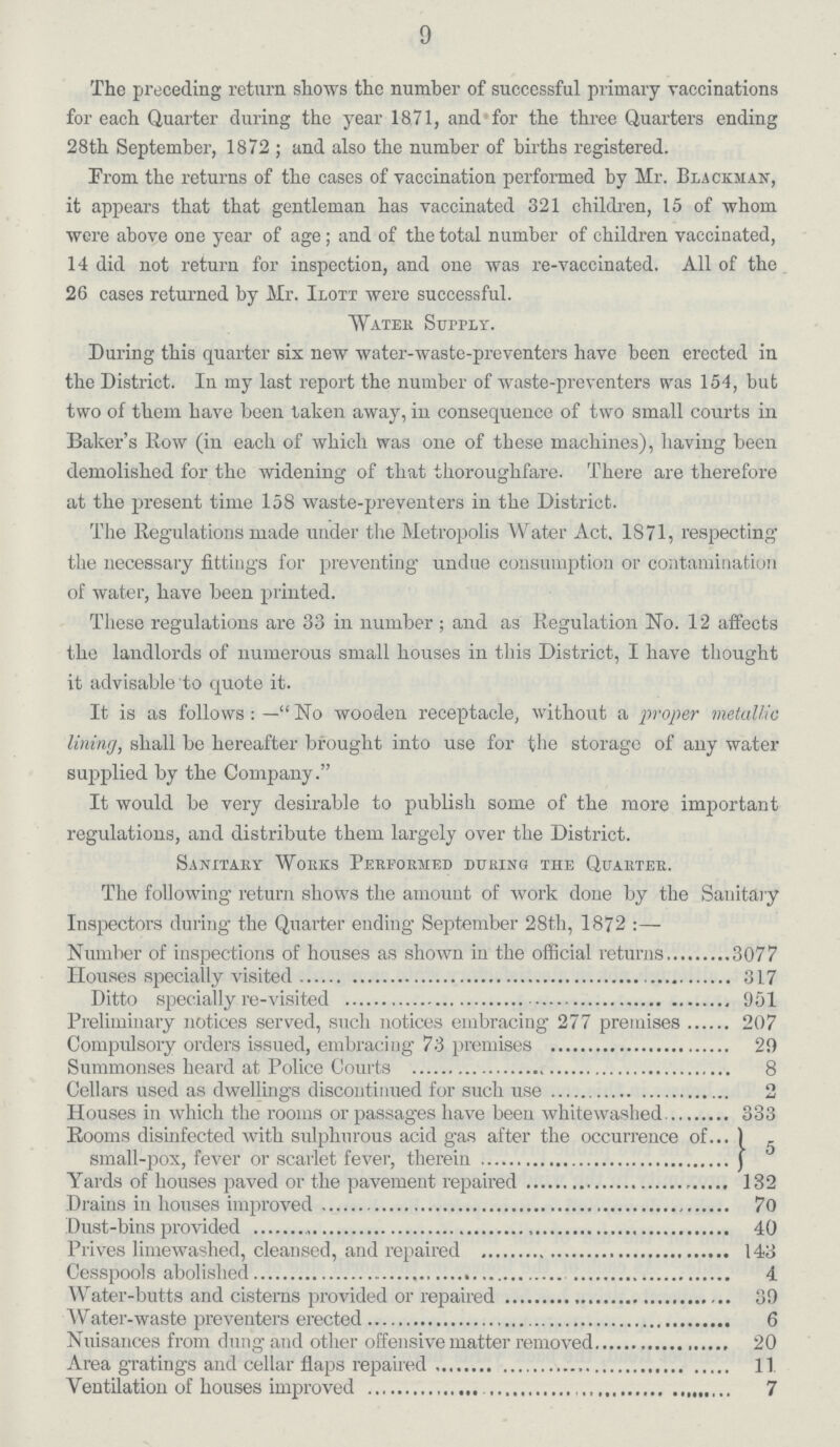 9 The preceding return shows the number of successful primary vaccinations for each Quarter during the year 18,71, and for the three Quarters ending 28th September, 1872 ; and also the number of births registered. Prom the returns of the cases of vaccination performed by Mr. Blackman, it appears that that gentleman has vaccinated 321 children, 15 of whom were above one year of age ; and of the total number of children vaccinated, 14 did not return for inspection, and one was re-vaecinated. All of the 26 cases returned by Mr. Ilott were successful. Water Supply. During this quarter six new water-waste-preventers have been erected in the District. In my last report the number of waste-preventers was 154, but two of them have been taken away, in consequence of two small courts in Baker's Row (in each of which was one of these machines), having been demolished for the widening of that thoroughfare. There are therefore at the present time 158 waste-preventers in the District. The Regulations made under the Metropolis Water Act. 1871, respecting the necessary fittings for preventing undue consumption or contamination of water, have been printed. These regulations are 33 in number; and as Regulation No. 12 affects the landlords of numerous small houses in this District, I have thought it advisable to quote it. It is as follows:—No wooden receptacle, without a proper metallic lining, shall be hereafter brought into use for the storage of any water supplied by the Company. It would be very desirable to publish some of the more important regulations, and distribute them largely over the District. Sanitary Works Performed during the Quarter. The following return shows the amount of work done by the Sanitary Inspectors during the Quarter ending- September 28th, 1872:— Number of inspections of houses as shown iu the official returns 3077 Houses specially visited 317 Ditto specially re-visited 951 Preliminary notices served, such notices embracing 277 premises 207 Compulsory orders issued, embracing 73 premises 29 Summonses heard at Police Courts 8 Cellars used as dwellings discontinued for such use 2 Houses in which the rooms or passages have been whitewashed 333 Rooms disinfected with sulphurous acid gas after the occurrence of small-pox, fever or scarlet fever, therein 5 Yards of houses paved or the pavement repaired 132 Drains in houses improved 70 Dust-bins provided 40 Prives limewashed, cleansed, and repaired 143 Cesspools abolished 4 Water-butts and cisterns provided or repaired 39 Water-waste preventers erected 6 Nuisances from dung and other offensive matter removed 20 Area gratings and cellar flaps repaired 11 Ventilation of houses improved 7