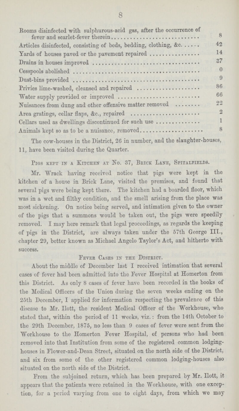 8 Rooms disinfected with sulphurous-acid gas, after the occurrence of fever and scarlet-fever therein 8 Articles disinfected, consisting of beds, bedding, clothing, &c 42 Yards of houses paved or the pavement repaired 14 Drains in houses improved 37 Cesspools abolished 0 Dust-bins provided 9 Privies lime-washed, cleansed and repaired 86 Water supply provided or improved 66 Nuisances from dung and other offensive matter removed 22 Area gratings, cellar flaps, &c., repaired 2 Cellars used as dwellings discontinued for such use 1 Animals kept so as to be a nuisance, removed 8 The cow-houses in the District, 26 in number, and the slaughter-houses, 11, have been visited during the Quarter. Pigs kept in a Kitchen at No. 37, Bbick Lane, Spitalfields. Mr. Wrack having received notice that pigs were kept in the kitchen of a house in Brick Lane, visited the premises, and found that several pigs were being kept there. The kitchen had a boarded floor, which was in a wet and filthy condition, and the smell arising from the place was most sickening. On notice being served, and intimation given to the owner of the pigs that a summons would be taken out, the pigs were speedily removed. I may here remark that legal proceedings, as regards the keeping of pigs in the District, are always taken under the 57th George III., chapter 29, better known as Michael Angelo Taylor's Act, and hitherto with success. Fever Cases in the Disteict. About the middle of December last I received intimation that several cases of fever had been admitted into the Fever Hospital at Homerton from this District. As only 8 cases of fever have been recorded in the books of the Medical Officers of the Union during the seven weeks ending on the 25th December, I applied for information respecting the prevalence of this disease to Mr. Ilott, the resident Medical Officer of the Workhouse, who stated that, within the period of 11 weeks, viz.: from the 14th October to the 29th December, 1875, no less than 9 cases of fever were sent from the Workhouse to the Homerton Fever Hospital, of persons who had been removed into that Institution from some of the registered common lodging houses in Flower-and-Dean Street, situated on the north side of the District, and six from some of the other registered common lodging-houses also situated on the north side of the District. From the subjoined return, which has been prepared by Mr. Ilott, it appears that the patients were retained in the Workhouse, with one excep tion, for a period varying from one to eight days, from which we may