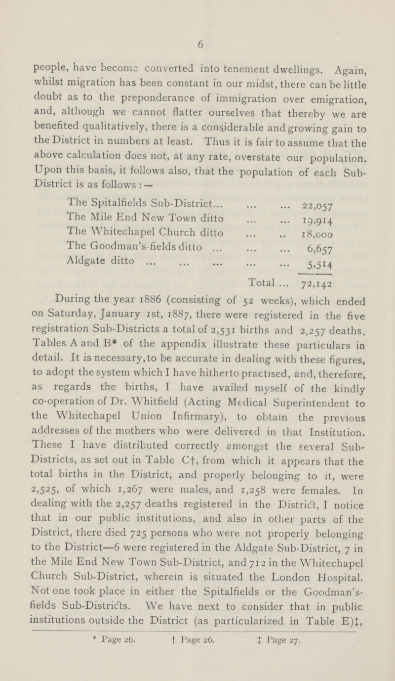 6 people, have become converted into tenement dwellings. Again, whilst migration has been constant in our midst, there can be little doubt as to the preponderance of immigration over emigration, and, although we cannot flatter ourselves that thereby we are benefited qualitatively, there is a considerable and growing gain to the District in numbers at least. Thus it is fair to assume that the above calculation does not, at any rate, overstate our population. Upon this basis, it follows also, that the population of each Sub District is as follows:— The Spitalfields Sub-District 22,057 The Mile End New Town ditto 19,914 The Whitechapel Church ditto. 18,000 The Goodman's-fields ditto 6,657 Aldgate ditto 5,514 Total 72,142 During the year 1886 (consisting of 52 weeks), which ended on Saturday, January 1st, 1887, there were registered in the five registration Sub-Districts a total of 2,531 births and 2,257 deaths. Tables A and B* of the appendix illustrate these particulars in detail. It is necessary,to be accurate in dealing with these figures, to adopt the system which I have hitherto practised, and, therefore, as regards the births, I have availed myself of the kindly co-operation of Dr. Whitfield (Acting Medical Superintendent to the Whitechapel Union Infirmary), to obtain the previous addresses of the mothers who were delivered in that Institution. These I have distributed correctly amongst the several Sub Districts, as set out in Table C†, from which it appears that the total births in the District, and properly belonging to it, were 2,525, of which 1,267 were males, and 1,258 were females. In dealing with the 2,257 deaths registered in the District, I notice that in our public institutions, and also in other parts of the District, there died 725 persons who were not properly belonging to the District—6 were registered in the Aldgate Sub-District, 7 in the Mile End New Town Sub-District, and 712 in the Whitechapel Church Sub-District, wherein is situated the London Hospital. Not one took place in either the Spitalfields or the Goodman's fields Sub-Districts. We have next to consider that in public institutions outside the District (as particularized in Table E)‡, * Page 26. † Page 26. ‡ Page 27.