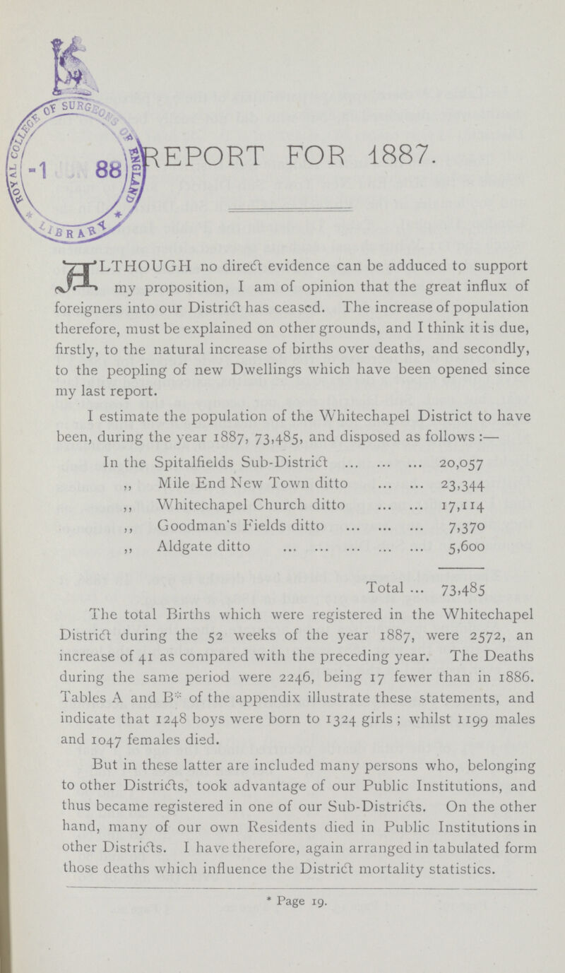 REPORT FOR -1887. ALTHOUGH no direct evidence can be adduced to support my proposition, I am of opinion that the great influx of foreigners into our District has ceased. The increase of population therefore, must be explained on other grounds, and I think it is due, firstly, to the natural increase of births over deaths, and secondly, to the peopling of new Dwellings which have been opened since my last report. I estimate the population of the Whitechapel District to have been, during the year 1887, 73,485, and disposed as follows:— In the Spitalfields Sub-District 20,057 ,, Mile End New Town ditto 23,344 ,, Whitechapel Church ditto 17,114. ,, Goodman's Fields ditto 7,370 ,, Aldgate ditto 5,600 Total 73,485 The total Births which were registered in the Whitechapel District during the 52 weeks of the year 1887, were 2572, an increase of 41 as compared with the preceding year. The Deaths during the same period were 2246, being 17 fewer than in 1886. Tables A and B* of the appendix illustrate these statements, and indicate that 1248 boys were born to 1324 girls; whilst 1199 males and 1047 females died. But in these latter are included many persons who, belonging to other Districts, took advantage of our Public Institutions, and thus became registered in one of our Sub-Districts. On the other hand, many of our own Residents died in Public Institutions in other Districts. I have therefore, again arranged in tabulated form those deaths which influence the District mortality statistics. *Page 19.