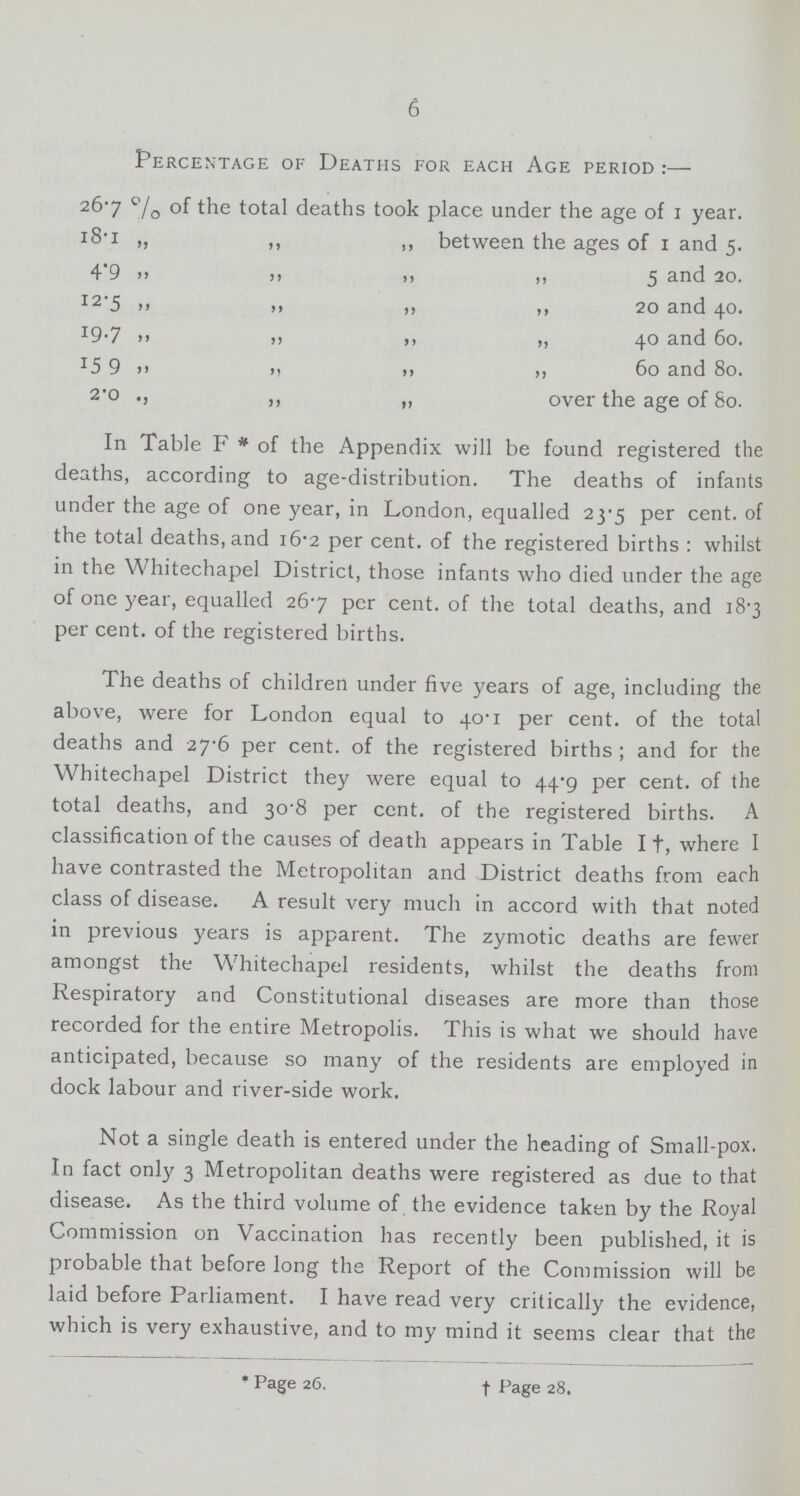 6 Percentage of Deaths for each Age period :— 26.7 % of the total deaths took place under the age of 1 year. 18.1 „ „ „ between the ages of 1 and 5. 4.9 „ „ „ „ 5 and 20. 12.5 „ „ „ „ 20 and 40. 19.7 „ „ „ „ 40 and 60. 159 „ „ „ „ 60 and 80. 2.0 „ „ „ over the age of 80. In Table F * of the Appendix will be found registered the deaths, according to age-distribution. The deaths of infants under the age of one year, in London, equalled 23.5 per cent. of the total deaths, and 16.2 per cent. of the registered births: whilst in the Whitechapel District, those infants who died under the age of one year, equalled 26.7 per cent. of the total deaths, and 18.3 per cent. of the registered births. The deaths of children under five years of age, including the above, were for London equal to 40.1 per cent. of the total deaths and 27.6 per cent. of the registered births; and for the Whitechapel District they were equal to 44.9 per cent. of the total deaths, and 30.8 per cent. of the registered births. A classification of the causes of death appears in Table I †, where I have contrasted the Metropolitan and District deaths from each class of disease. A result very much in accord with that noted in previous years is apparent. The zymotic deaths are fewer amongst the Whitechapel residents, whilst the deaths from Respiratory and Constitutional diseases are more than those recorded for the entire Metropolis. This is what we should have anticipated, because so many of the residents are employed in dock labour and river-side work. Not a single death is entered under the heading of Small-pox. In fact only 3 Metropolitan deaths were registered as due to that disease. As the third volume of the evidence taken by the Royal Commission on Vaccination has recently been published, it is probable that before long the Report of the Commission will be laid before Parliament. I have read very critically the evidence, which is very exhaustive, and to my mind it seems clear that the * Page 26. † Page 28.