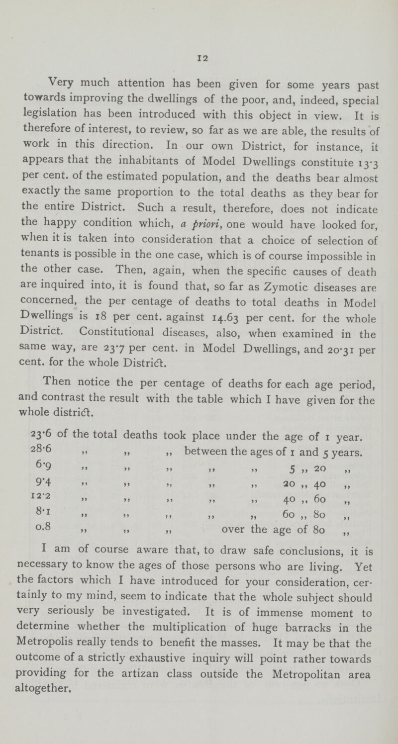 12 Very much attention has been given for some years past towards improving the dwellings of the poor, and, indeed, special legislation has been introduced with this object in view. It is therefore of interest, to review, so far as we are able, the results of work in this direction. In our own District, for instance, it appears that the inhabitants of Model Dwellings constitute 13.3 per cent. of the estimated population, and the deaths bear almost exactly the same proportion to the total deaths as they bear for the entire District. Such a result, therefore, does not indicate the happy condition which, a priori, one would have looked for, when it is taken into consideration that a choice of selection of tenants is possible in the one case, which is of course impossible in the other case. Then, again, when the specific causes of death are inquired into, it is found that, so far as Zymotic diseases are concerned, the per centage of deaths to total deaths in Model Dwellings is 18 per cent. against 14.63 per cent. for the whole District. Constitutional diseases, also, when examined in the same way, are 23.7 per cent. in Model Dwellings, and 20.31 per cent. for the whole District. Then notice the per centage of deaths for each age period, and contrast the result with the table which I have given for the whole district. 23.6 of the total deaths took place under the age of 1 year. 28.6 „ „ „ between the ages of 1 and 5 years. 6.9 „ „ „ „ „ 5 „ 20 „ 9.4 „ „ „ „ „ 20 „ 40 „ 12.2 „ „ „ „ „ 40 ,, 60 ,, 8.1 „ „ „ „ „ 60 ,, 80 ,, 0.8 „ ,, „ over the age of 80 ,, I am of course aware that, to draw safe conclusions, it is necessary to know the ages of those persons who are living. Yet the factors which I have introduced for your consideration, cer tainly to my mind, seem to indicate that the whole subject should very seriously be investigated. It is of immense moment to determine whether the multiplication of huge barracks in the Metropolis really tends to benefit the masses. It may be that the outcome of a strictly exhaustive inquiry will point rather towards providing for the artizan class outside the Metropolitan area altogether.