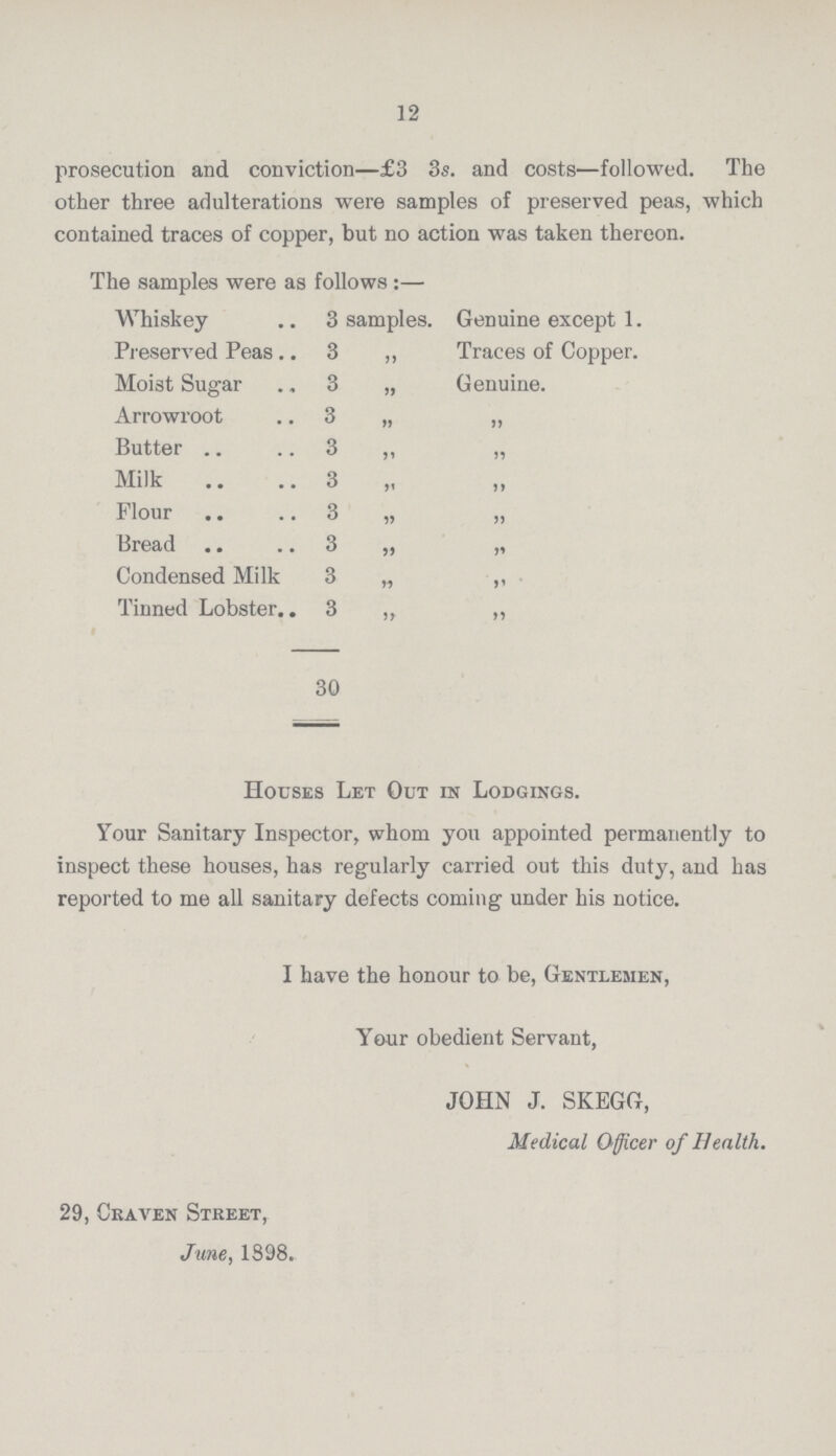 12 prosecution and conviction—£3 3s. and costs—followed. The other three adulterations were samples of preserved peas, which contained traces of copper, but no action was taken thereon. The samples were as follows :— Whiskey 3 samples. Genuine except 1. Preserved Peas 3 ,, Traces of Copper. Moist Sugar 3 „ Genuine. Arrowroot 3 „ „ Butter 3 ,, „ Milk3 „ „ Flour 3 „ „ Bread 3 ,, „ Condensed Milk 3 „ ,, Tinned Lobster 3 ,, „ 30 Houses Let Out in Lodgings. Your Sanitary Inspector, whom you appointed permanently to inspect these houses, has regularly carried out this duty, and has reported to me all sanitary defects coming under his notice. I have the honour to be, Gentlemen, Your obedient Servant, JOHN J. SKEGG, Medical Officer of Health. 29, Craven Street, June, 1898.