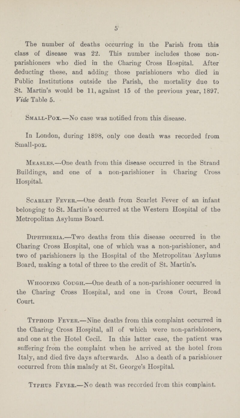 5 The number of deaths occurring in the Parish from this class of disease was 22. This number includes those non parishioners who died in the Charing Cross Hospital. After deducting these, and adding those parishioners who died in Public Institutions outside the Parish, the mortality due to St. Martin's would be 11, against 15 of the previous year, 1897. Vide Table 5. Small-Pox.— No case was notified from this disease. In London, during 1898, only one death was recorded from Small-pox. Measles.— One death from this disease occurred in the Strand Buildings, and one of a non-parishioner in Charing Cross Hospital. Scarlet Fever.— One death from Scarlet Fever of an infant belonging to St. Martin's occurred at the Western Hospital of the Metropolitan Asylums Board. Diphtheria.— Two deaths from this disease occurred in the Charing Cross Hospital, one of which was a non-parishioner, and two of parishioners iu the Hospital of the Metropolitan Asylums Board, making a total of three to the credit of St. Martin's. Whooping Cough.— One death of a non-parishioner occurred in the Charing Cross Hospital, and one in Cross Court, Broad Court. Typhoid Fever.— Nine deaths from this complaint occurred in the Charing Cross Hospital, all of which were non-parishioners, and one at the Hotel Cecil. In this latter case, the patient was suffering from the complaint when he arrived at the hotel from Italy, and died five days afterwards. Also a death of a parishioner occurred from this malady at St. George's Hospital. Typhus Fevee.— No death was recorded from this complaint.