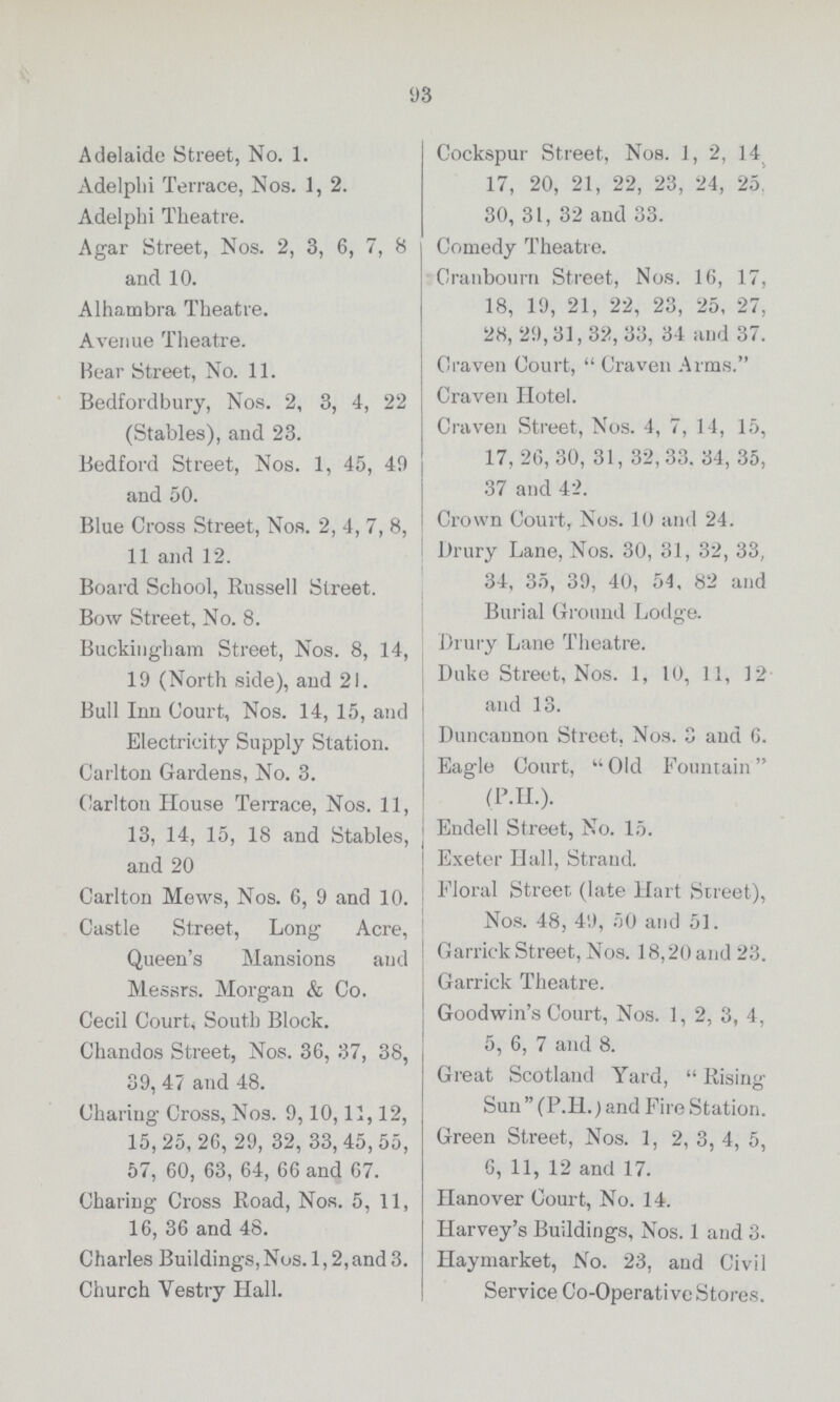 93 Adelaide Street, No. 1. Adelphi Terrace, Nos. 1, 2. Adelphi Theatre. Agar Street, Nos. 2, 3, 6, 7, 8 and 10. Alhambra Theatre. Avenue Theatre. Bear Street, No. 11. Bedfordbury, Nos. 2, 3, 4, 22 (Stables), and 23. Bedford Street, Nos. 1, 45, 49 and 50. Blue Cross Street, Nos. 2, 4, 7, 8, 11 and 12. Board School, Russell Street. Bow Street, No. 8. Buckingham Street, Nos. 8, 14, 19 (North side), and 21. Bull Inn Court, Nos. 14, 15, and Electricity Supply Station. Carlton Gardens, No. 3. Carlton House Terrace, Nos. 11, 13, 14, 15, 18 and Stables, and 20 Carlton Mews, Nos. 6, 9 and 10. Castle Street, Long Acre, Queen's Mansions and Messrs. Morgan & Co. Cecil Court, South Block. Chandos Street, Nos. 36, 37, 38, 39, 47 and 48. Charing Cross, Nos. 9,10,11,12, 15,25,26,29, 32, 33,45,55, 57, 60, 63, 64, 66 and 67. Charing Cross Road, Nos. 5, 11, 16, 36 and 48. Charles Buildings,Nos. 1,2,and 3. Church Vestry Hall. Cockspur Street, Nos. 1, 2, 14, 17, 20, 21, 22, 23, 24, 25, 30, 31, 32 and 33. Comedy Theatre. Cranbourn Street, Nos. 16, 17, 18, 19, 21, 22, 23, 25, 27, 28,29,31,32, 33, 34 and 37. Craven Court, Craven Arms. Craven Hotel. Craven Street, Nos. 4, 7, 14, 15, 17, 26, 30, 31, 32,33. 34, 35, 37 and 42. Crown Court, Nos. 10 and 24. Drury Lane, Nos. 30, 31, 32, 33, 34, 35, 39, 40, 54. 82 and Burial Ground Lodge. Drury Lane Theatre. Duke Street, Nos. 1, 10, 11, 12 and 13. Duncannon Street, Nos. 3 and 6. Eagle Court, Old Fountain (P.H.). Endell Street, No. 15. Exeter Hall, Strand. Floral Street (late Hart Street), Nos. 48, 49, 50 and 51. Garrick Street, Nos. 18,20 and 23. Garrick Theatre. Goodwin's Court, Nos. 1, 2, 3, 4, 5, 6, 7 and 8. Great Scotland Yard,  Rising Sun (P.H.) and Fire Station. Green Street, Nos. 1, 2, 3, 4, 5, 6, 11, 12 and 17. nanover Court, No. 14. Harvey's Buildings, Nos. 1 and 3. Haymarket, No. 23, and Civil Service Co-Operative Stores.