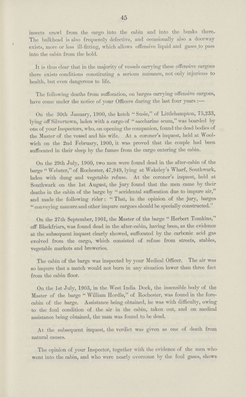 45 insects crawl from the cargo into the cabin and into the bunks there. The bulkhead is also frequently defective, and occasionally also a doorway exists, more or less ill-fitting, which allows offensive liquid and gases,to pass into the cabin from the hold. It is thus clear that in the majority of vessels carrying these offensive cargoes there exists conditions constituting a serious nuisance, not only injurious to health, but even dangerous to life. The following deaths from suffocation, on barges carrying offensive cargoes, have come under the notice of your Officers during the last four years:— On the 30th January, 1900, the ketch Susie, of Littlehampton, 75,233, lying off Silvertown, laden with a cargo of saccharine scum, was boarded by one of your Inspectors, who, on opening the companion, found the dead bodies of the Master of the vessel and his wife. At a coroner's inquest, held at Wool wich on the 2nd February, 1900, it was proved that the couple had been suffocated in their sleep by the fumes from the cargo entering the cabin. On the 29th July, 1900, two men were found dead in the after-cabin of the barge  Webster, of Rochester, 47,949, lying at Wakeley's Wharf, Southwark, laden with dung and vegetable refuse. At the coroner's inquest, held at Southwark on the 1st August, the jury found that the men came by their deaths in the cabin of the barge by accidental suffocation due to impure air, and made the following rider: That, in the opmion of the jury, barges conveying manure and other impure cargoes should be specially constructed. On the 27th September, 1901, the Master of the barge Herbert Tomkins, off Blackfriars, was found dead in the after-cabin, having been, as the evidence at the subsequent inquest clearly showed, suffocated by the carbonic acid gas evolved from the cargo, which consisted of refuse from streets, stables, vegetable markets and breweries. The cabin of the barge was inspected by your Medical Officer. The air was so impure that a match would not burn in any situation lower than three feet from the cabin floor. On the 1st July, 1903, in the West India Dock, the insensible body of the Master of the barge  William Hordle, of Rochester, was found in the fore cabin of the barge. Assistance being obtained, he was with difficulty, owing to the foul condition of the air in the cabin, taken out, and on medical assistance being obtained, the man was found to be dead. At the subsequent inquest, the verdict was given as one of death from natural causes. The opinion of your Inspector, together with the evidence of the men who went into the cabin, and who were nearly overcome by the foul gases, shows