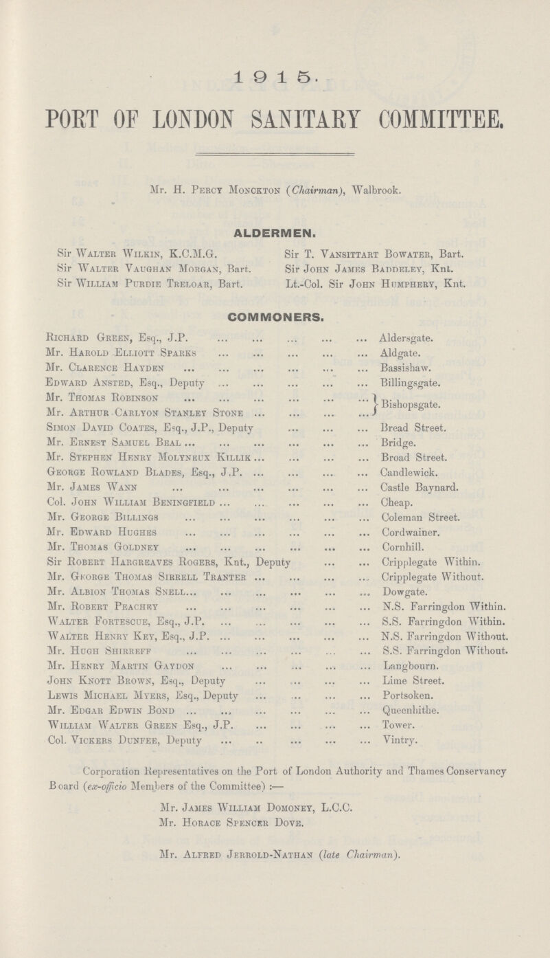 1915. PORT OF LONDON SANITARY COMMITTEE. Mr. H. Percy Monckton (Chairman), Walbrook. ALDERMEN. Sir Walter Wilkin, K.C.M.G-. Sir T. Yansittart Bowater, Bart. Sir Walter Vaughan Morgan, Bart. Sir John James Baddeley, Knt. Sir William Purdie Treloar, Bart. Lt.-Col. Sir John Htjmphery, Knt. COMMONERS. Richard Green, Esq., J.P. Aldersgate. Mr. Harold Elliott Sparks Aldgate. Mr. Clarence Hayden Bassishaw. Edward Ansted, Esq., Deputy Billingsgate. Mr. Ihohas Robinson Mr. Arthur-Carlyon Stanley Stone Bishopsgate. Simon David Coates, Esq., J.P., Deputy read Street. Mr. Ernest Samuel Beal Bridge. Mr. Stephen Henry Molyneux Killik Broad Street. George Rowland Blades, Esq., J.P Candlewick. Mr. James Wann Castle Baynard. Col. John William Beningfield Cheap. Mr. George Billings Coleman Street. Mr. Edward Hughes Cordwainer. Mr. Thomas Goldney Cornhill. Sir Robert Hargreaves Rogers, Knt., Deputy Cripplegate Within. Mr. George Thomas Sirrell Tranter Cripplegate Without. Mr. Albion Thomas Snell Dowgate. © Mr. Robert Peachey N.S. Farringdon Within. Walter Fortescue, Esq., J.P S.S. Farringdon Within. Walter Henry Key, Esq., J.P N.S. Farringdon Without. Mr. Hugh Shirreff S.S. Farringdon Without. Mr. Henry Martin Gaydon Langbourn. John Knott Brown, Esq., Deputy Lime Street. Lewis Michael Myers, Esq., Deputy Portsoken. Mr. Edgar Edwin Bond Queenhithe. William Walter Green Esq., J.P. Tower. Col. Vickers Dunfee, Deputy Vintry. Corporation Representatives on the Port of London Authority and Thames Conservancy B oard (ex-officio Members of the Committee) :— Mr. Jaiies William Domoney, L.C.C. Mr. Horace Spencer Dove. Mr. Alfred Jerrold-Nathan (late Chairman).