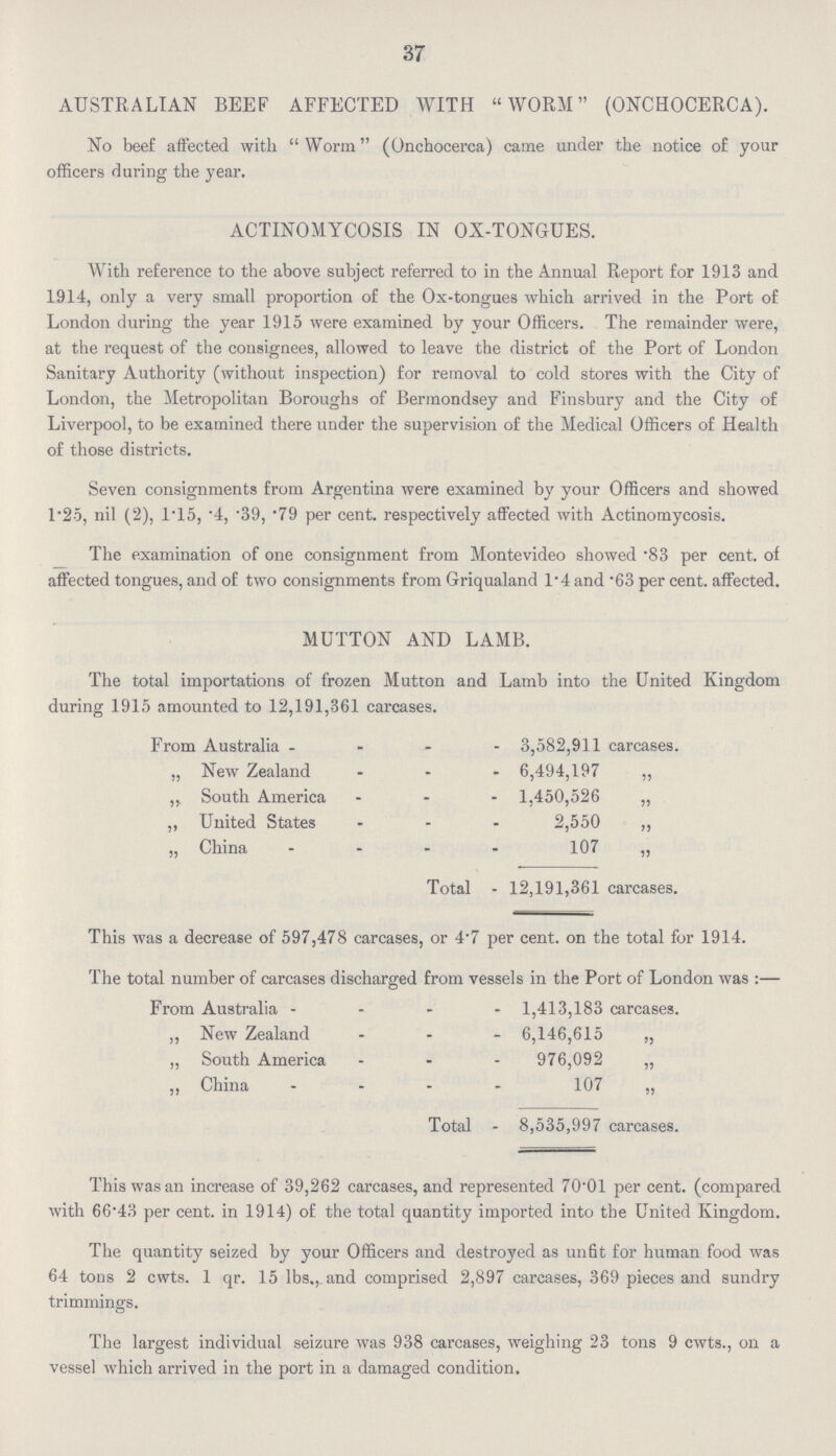 3 7 AUSTRALIAN BEEF AFFECTED WITH WORM (ONCHOCERCA). No beef affected with Worm (Onchocerca) came under the notice of your officers during the year. ACTINOMYCOSIS IN OX-TONGUES. With reference to the above subject referred to in the Annual Report for 1913 and 1914, only a very small proportion of the Ox-tongues which arrived in the Port of London during the year 1915 were examined by vour Officers. The remainder were, at the request of the consignees, allowed to leave the district of the Port of London Sanitary Authority (without inspection) for removal to cold stores with the City of London, the Metropolitan Boroughs of Bermondsey and Finsbury and the City of Liverpool, to be examined there under the supervision of the Medical Officers of Health of those districts. Seven consignments from Argentina were examined by your Officers and showed 1.25, nil (2), 1.15, .4, .39, .79 per cent, respectively affected with Actinomycosis. The examination of one consignment from Montevideo showed .83 per cent, of affected tongues, and of two consignments from Griqualand 1.4 and .63 per cent, affected. MUTTON AND LAMB. The total importations of frozen Mutton and Lamb into the United Kingdom during 1915 amounted to 12,191,361 carcases. From Australia - 3,582,911 carcases. „ New Zealand 6,494,197 „ ,, South America 1,450,526 „ ,, United States 2,550 „ „ China 107 „ Total - 12,191,361 carcases. This was a decrease of 597,478 carcases, or 4.7 per cent, on the total for 1914. The total number of carcases discharged from vessels in the Port of London was :— From Australia 1,413,183 carcases. ,, New Zealand 6,146,615 „ ,, South America 976,092 „ ,, China .... 107 Total - 8,535,997 carcases. This was an increase of 39,262 carcases, and represented 70.01 per cent, (compared with 6643 per cent, in 1914) of the total quantity imported into the United Kingdom. The quantity seized by your Officers and destroyed as unfit for human food was 64 tons 2 cwts. 1 qr. 15 lbs,, and comprised 2,897 carcases, 369 pieces and sundry trimmings. The largest individual seizure was 938 carcases, weighing 23 tons 9 cwts., on a vessel which arrived in the port in a damaged condition.