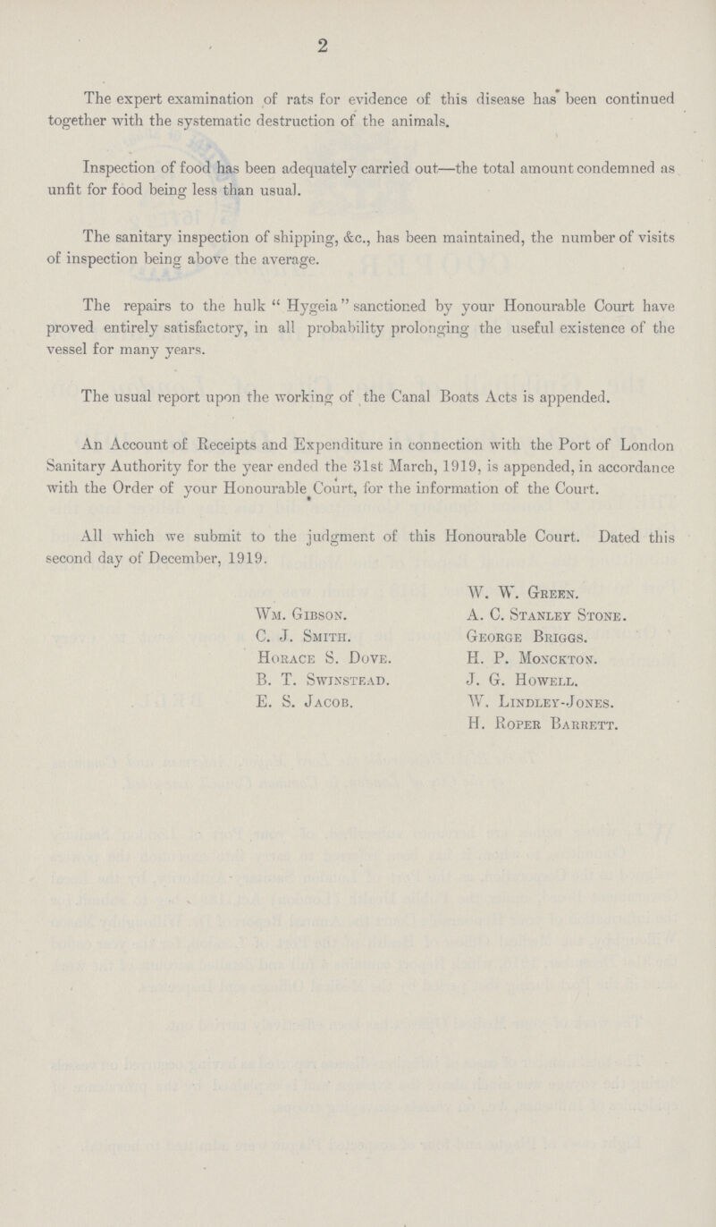 2 The expert examination of rats for evidence of this disease has been continued together with the systematic destruction of the animals. Inspection of food has been adequately carried out—the total amount condemned as unfit for food being less than usual. The sanitary inspection of shipping, &c., has been maintained, the number of visits of inspection being above the average. The repairs to the hulk Hygeia sanctioned by your Honourable Court have proved entirely satisfactory, in all probability prolonging the useful existence of the vessel for many years. The usual report upon the working of the Canal Boats Acts is appended. An Account of Receipts and Expenditure in connection with the Port of London Sanitary Authority for the year ended the 31st March, 1919, is appended, in accordance with the Order of your Honourable Court, for the information of the Court. All which we submit to the judgment of this Honourable Court. Dated this second day of December, 1919. Wm. Gibson. C. J. Smith. Horace S. Dove. B. T. Swjnstead. E. S. Jacob. W. W. Green. A. C. Stanley Stone. George Briggs. H. P. Monckton. J. G. Howell. W. Lindley-Jones. H. Roper Barrett.