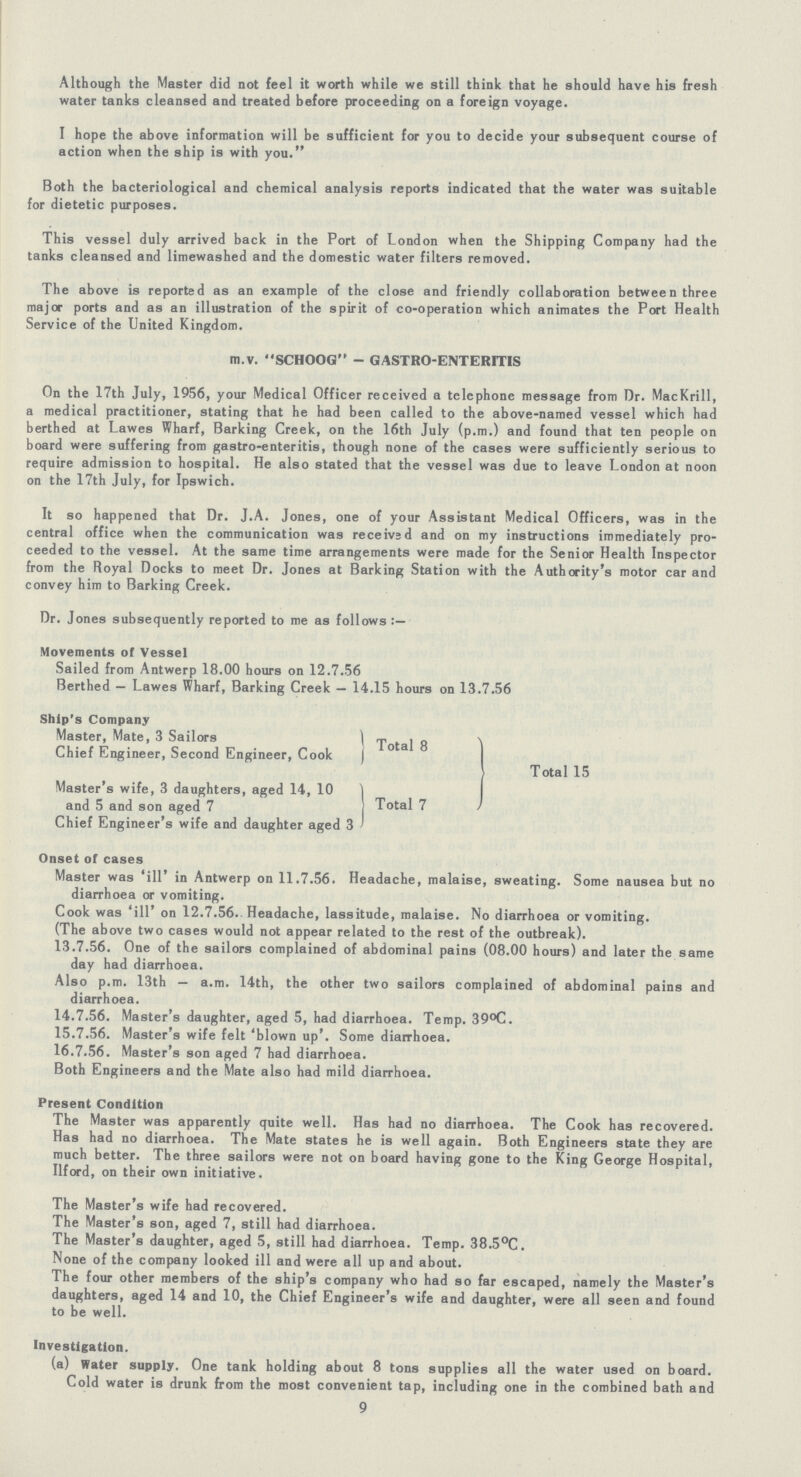 Although the Master did not feel it worth while we still think that he should have his fresh water tanks cleansed and treated before proceeding on a foreign voyage. I hope the above information will be sufficient for you to decide your subsequent course of action when the ship is with you. Both the bacteriological and chemical analysis reports indicated that the water was suitable for dietetic purposes. This vessel duly arrived back in the Port of London when the Shipping Company had the tanks cleansed and limewashed and the domestic water filters removed. The above is reported as an example of the close and friendly collaboration between three major ports and as an illustration of the spirit of co-operation which animates the Port Health Service of the United Kingdom. m.v. SCHOOG - GASTRO-ENTERITIS On the 17th July, 1956, your Medical Officer received a telephone message from Dr. MacKrill, a medical practitioner, stating that he had been called to the above-named vessel which had berthed at Lawes Wharf, Barking Creek, on the 16th July (p.m.) and found that ten people on board were suffering from gastro-enteritis, though none of the cases were sufficiently serious to require admission to hospital. He also stated that the vessel was due to leave London at noon on the 17th July, for Ipswich. It so happened that Dr. J.A. Jones, one of your Assistant Medical Officers, was in the central office when the communication was received and on my instructions immediately pro ceeded to the vessel. At the same time arrangements were made for the Senior Health Inspector from the Royal Docks to meet Dr. Jones at Barking Station with the Authority's motor car and convey him to Barking Creek. Dr. Jones subsequently reported to me as follows Movements of Vessel Sailed from Antwerp 18.00 hours on 12.7.56 Berthed — Lawes Wharf, Barking Creek — 14.15 hours on 13.7.56 Ship's Company Master, Mate, 3 Sailors Total 8 Chief Engineer, Second Engineer, Cook Total 15 Master's wife, 3 daughters, aged 14, 10 and 5 and son aged 7 Total 7 Chief Engineer's wife and daughter aged 3 Onset of cases Master was 'ill' in Antwerp on 11.7.56. Headache, malaise, sweating. Some nausea but no diarrhoea or vomiting. Cook was 'ill' on 12.7.56.-Headache, lassitude, malaise. No diarrhoea or vomiting. (The above two cases would not appear related to the rest of the outbreak). 13.7.56. One of the sailors complained of abdominal pains (08.00 hours) and later the same day had diarrhoea. Also p.m. 13th — a.m. 14th, the other two sailors complained of abdominal pains and diarrhoea. 14.7.56. Master's daughter, aged 5, had diarrhoea. Temp. 39°C. 15.7.56. Master's wife felt 'blown up'. Some diarrhoea. 16.7.56. Master's son aged 7 had diarrhoea. Both Engineers and the Mate also had mild diarrhoea. Present Condition The Master was apparently quite well. Has had no diarrhoea. The Cook has recovered. Has had no diarrhoea. The Mate states he is well again. Both Engineers state they are much better. The three sailors were not on board having gone to the King George Hospital, Ilford, on their own initiative. The Master's wife had recovered. The Master's son, aged 7, still had diarrhoea. The Master's daughter, aged 5, still had diarrhoea. Temp. 38.5°C. None of the company looked ill and were all up and about. The four other members of the ship's company who had so far escaped, namely the Master's daughters, aged 14 and 10, the Chief Engineer's wife and daughter, were all seen and found to be well. Investigation. (a) Water supply. One tank holding about 8 tons supplies all the water used on board. Cold water is drunk from the most convenient tap, including one in the combined bath and 9