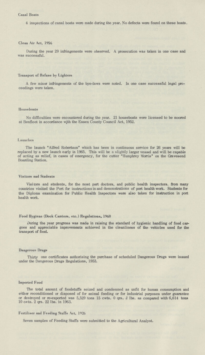 Canal Boats 4 inspections of canal boats were made during the year. No defects were found on these boats. Clean Air Act, 1956 During the year 29 infringements were observed. A prosecution was taken in one case and was successful. Transport of Refuse by Lighters A few minor infringements of the bye-laws were noted. In one case successful legal pro ceedings were taken. Houseboats No difficulties were encountered during the year. 21 houseboats were licensed to be moored at Benfleet in accordance wjth the Essex County Council Act, 1952. Launches The launch Alfred Robertson which has been in continuous service for 26 years will be replaced by a new launch early in 1965. This will be a slightly larger vessel and will be capable of acting as relief, in cases of emergency, for the cutter Humphrey Morris on the Gravesend Boarding Station. Visitors and Students Visitors and students,, for the most part doctors, and public health inspectors, from many countries visited the Port for instructions in and demonstrations of port health work. Students for the Diploma examination for Public Health Inspectors were also taken for instruction in port health work. Food Hygiene (Dock Carriers, etc.) Regulations* 1960 During the year progress was made in raising the standard of hygienic handling of food car goes and appreciable improvements achieved in the cleanliness of the vehicles used for the transport of food. Dangerous Drugs Thirty one certificates authorising the purchase of scheduled Dangerous Drugs were issued under the Dangerous Drugs Regulations, 1953. Imported Food The total amount of foodstuffs seized and condemned as unfit for human consumption and either reconditioned or disposed of for animal feeding or for industrial purposes under guarantee or destroyed or re-exported was 5,529 tons 15 cwts. 0 qrs. 2 lbs. as compared with 6,614 tons 10 cwts. 2 qrs. 22 lbs. in 1963. Fertiliser and Feeding Stuffs Act, 1926 Seven samples of Feeding Stuffs were submitted to the Agricultural Analyst.