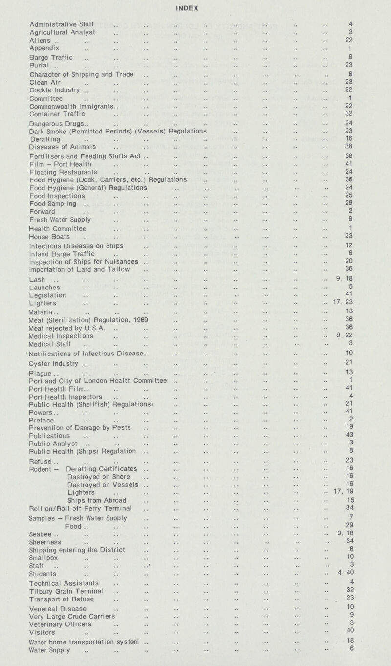 INDEX Administrative Staff 4 Agricultural Analyst 3 Aliens 22 Appendix 1 Barge Traffic 6 Burial 23 Character of Shipping and Trade 6 Clean Air 23 Cockle Industry 22 Committee 1 Commonwealth Immigrants 22 Container Traffic 32 Dangerous Drugs 24 Dark Smoke (Permitted Periods) (Vessels) Regulations 23 Deratting 16 Diseases of Animals 38 Fertilisers and Feeding Stuffs Act 38 Film - Port Health 41 Floating Restaurants 24 Food Hygiene (Dock, Carriers, etc.) Regulations 36 Food Hygiene (General) Regulations 24 Food Inspections 25 Food Sampling 29 Forward 2 Fresh Water Supply 6 Health Committee 1 House Boats 23 Infectious Diseases on Ships 12 Inland Barge Traffic 6 Inspection of Ships for Nuisances 20 Importation of Lard and Tallow 36 Lash 9, 18 Launches 5 Legislation 41 Lighters 17, 23 Malaria 13 Meat (Sterilization) Regulation, 1969 36 Meat rejected by U.S.A. 36 Medical Inspections 9, 22 Medical Staff 3 Notifications of Infectious Disease 10 Oyster Industry 21 Plague 13 Port and City of London Health Committee 1 Port Health Film 41 Port Health Inspectors 4 Public Health (Shellfish) Regulations) 21 Powers 41 Preface 2 Prevention of Damage by Pests 19 Publications 43 Public Analyst 3 Public Health (Ships) Regulation 8 Refuse 23 Rodent - Deratting Certificates 16 Destroyed on Shore 16 Destroyed on Vessels 16 Lighters 17, 19 Ships from Abroad 15 Roll on/Roll off Ferry Terminal 34 Samples - Fresh Water Supply 7 Food 29 Seabee 9, 18 Sheerness 34 Shipping entering the District 6 Smallpox 10 Staff 3 Students 4, 40 Technical Assistants 4 Tilbury Grain Terminal 32 Transport of Refuse 23 Venereal Disease 10 Very Large Crude Carriers 9 Veterinary Officers 3 Visitors 40 Water borne transportation system 18 Water Supply 6