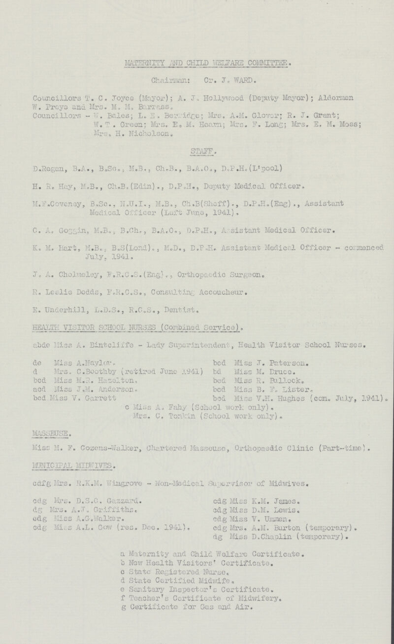 MATERNITY AND CHILD WELFARE COMMITTEE. Chairman: Cr. J. WARD. Councillors T. C. Joyce (Mayor); A. J. Hollywood (Deputy Mayor); Aldermen W. Preys and Mrs. M. M, Barress. Councillors - W. Bales; L. E. Beridge; Mrs, A.M. Glover; R. J. Grant; W. T . Green; Mrs, E.M. Heara; Mrs. F. Lone; Mrs. E. M. Moss; Mrs. H. Nicholson. STAFF. D.Regan, B.A., B.Sc., M.B., Ch.B., B.A.O., D.P.H.(L'pool) H. R. Hay, M.B., Ch.B.(Edin)., D.P.H., Deputy Medical Officer. M.F.Coveney, B.Sc., N.U.I., M.B., Ch.B(Sheff)., D.P.H.(Eng.)., Assistant Medical Officer (Left June, 1941), C. A. Goggin, M.B., B.Ch., B.A.O. D.P.H., A sistant Medical Officer. K. M. Hart, M.B.. B.S(Lond)., M.D., D.P,H. Assistant Medical Officer-comnenced July. 1941. J. A. Cholmeley, F.R.C .S. (Eng)., Orthopaedic Surgeon. R. Leslie Dodds, F.R.C.S., Consulting Accoucheur. E. Underlain, L.D.S., R.C.S., Dentist. HEALTH VISITOR SCHOOL NURSES (Combined Service). abde Hiss A. Bintcliffe - Lady Superintendent, Health Visitor School Nurses. de Miss A.Naylor. bed Miss J. Paterson. d Mrs. C.Boothby (retired June 1941) bd Miss M. Druce. bed Miss M.R. Hazelton. bed Miss R. Bullock. acd Miss J.M. Anderson. bed Miss B. F. Lister. bed Miss V. Garrett bed Miss V.H. Hughes (com. July, 1941) c Miss A. Fahy (School work only). Mrs. C. Tonkin (School work only). MASSEUSE. Miss M. F. Cozens-Walker, Chartered Masseuse, Orthopaedic Clinic (Part-time). MUNICIPAL MIDLIVES. cdfg Mrs. R.K.M. Wingrove - Non-Medical Supervisor of Midwives. edg Mrs. D.S.C. Gazzard. edg Miss K.M. James. dg Mrs. A.J. Griffiths. edg Miss D.M. Lewis. edg Miss A.G.Walker. edg Miss V. Ummen. edg Miss A.L. Gow (res. Dec. 1941). edg Mrs. A.M. Burton (temporary). dg Miss D.Chaplin (temporary). a Maternity and Child Welfare Certificate. b New Health Visitors' Certificate. c State Registered Nurse. d State Certified Midwife. e Sanitary Inspector's Certificate. f Teacher's Certificate of Midwifery. g Certificate for Gas and Air.