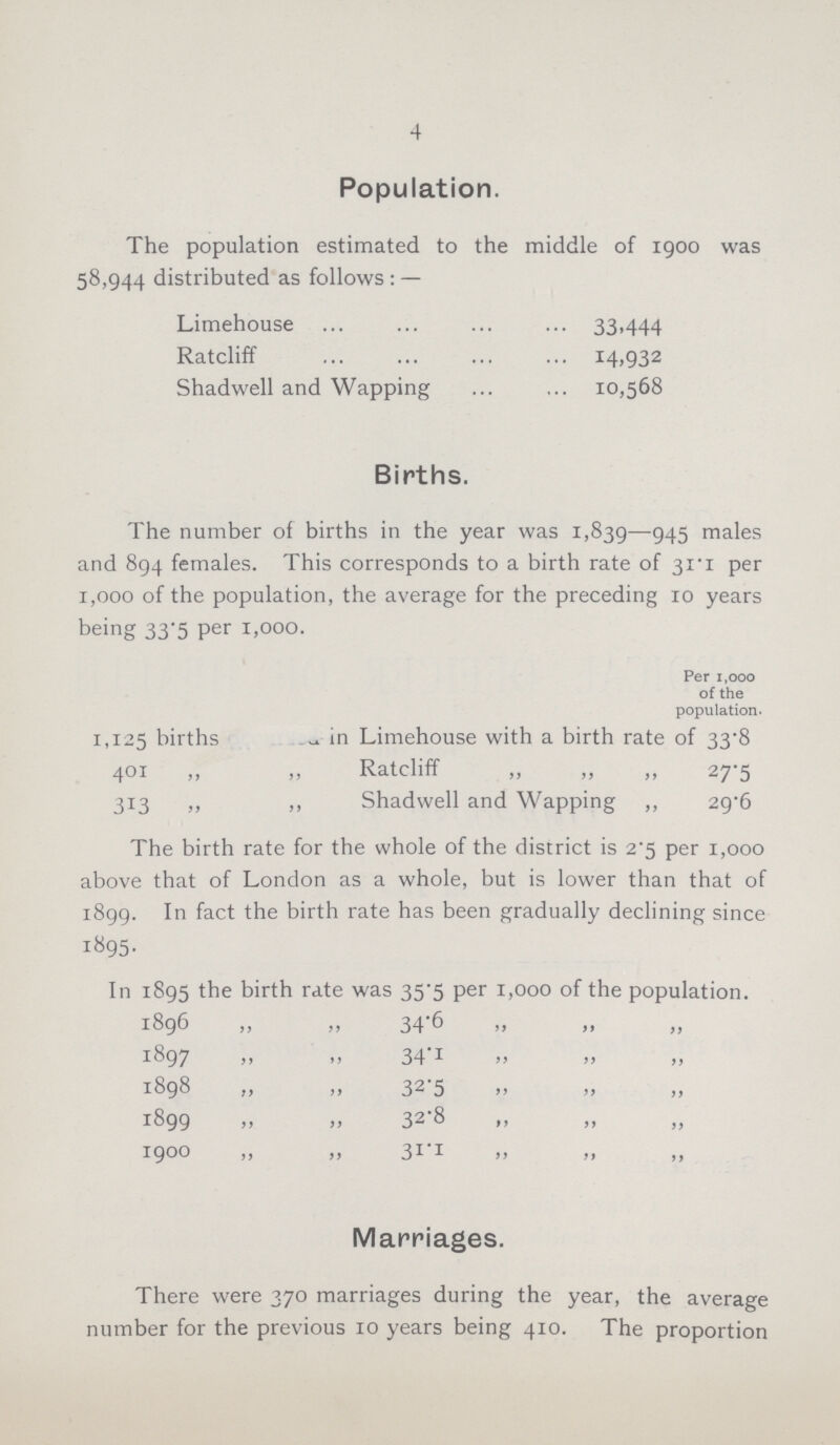 4 Population. The population estimated to the middle of 1900 was 58,944 distributed as follows:— Limehouse 33,444 Ratcliff 14,932 Shadwell and Wapping 10,568 Births. The number of births in the year was 1,839—945 males and 894 females. This corresponds to a birth rate of 31.1 per 1,000 of the population, the average for the preceding 10 years being 33.5 per 1,000. Per 1,000 of the population. 1,125 births ??? in Limehouse with a birth rate of 33.8 401 ,, „ Ratcliff „ „ „ 27.5 313 „ ,, Shadwell and Wapping ,, 29.6 The birth rate for the whole of the district is 2.5 per 1,000 above that of London as a whole, but is lower than that of 1899. In fact the birth rate has been gradually declining since 1895. In 1895 the birth rate was 35.5 per 1,000 of the population. 1896 ,, ,, 34 „ ,, ,, 1897 ,, „ 34 „ „ ,, 1898 ,, ,, 32.5 „ ,, ,, 1899 ,, ,, 32.8 „ ,, ,, 1900 ,, ,, 31.1 ,, ,, ,, Marriages. There were 370 marriages during the year, the average number for the previous 10 years being 410. The proportion