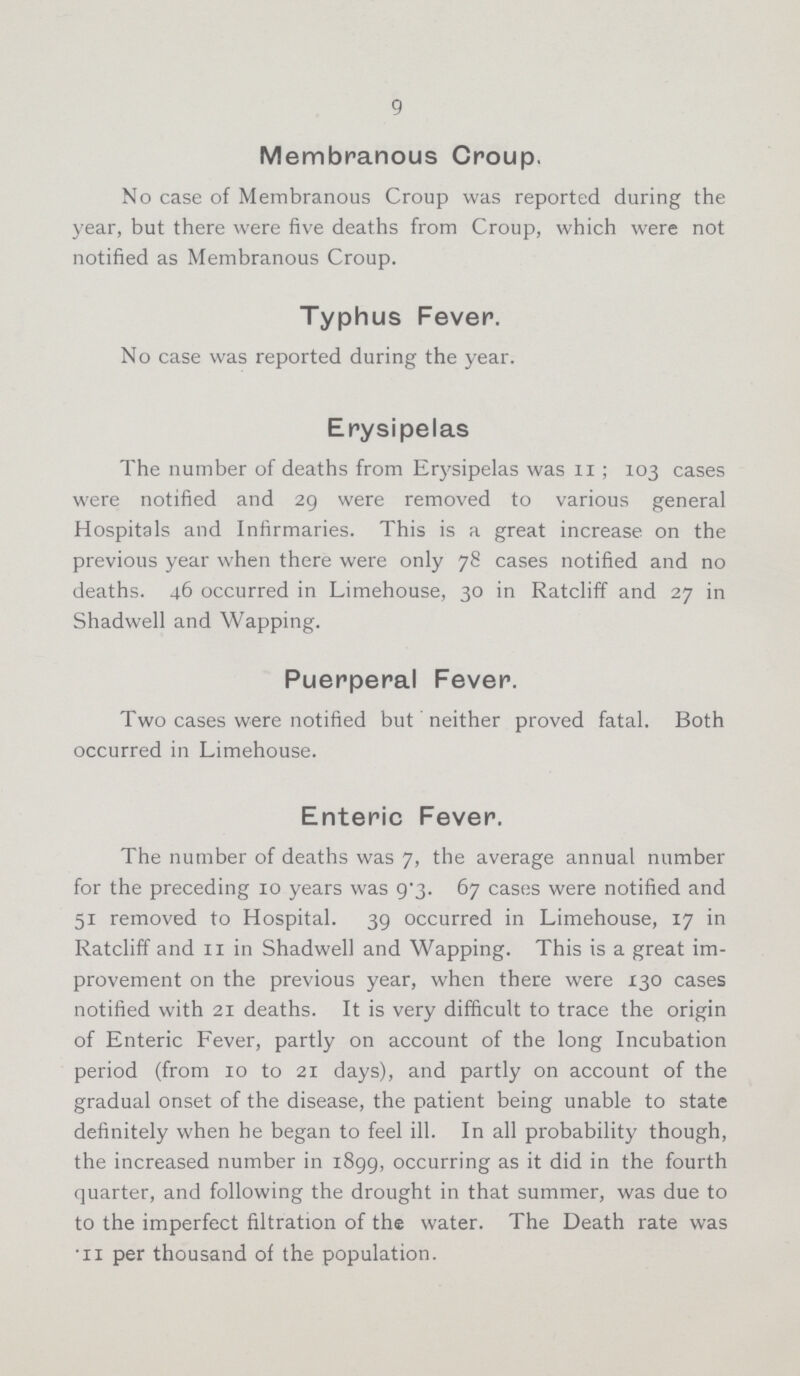 9 Membranous Croup. No case of Membranous Croup was reported during the year, but there were five deaths from Croup, which were not notified as Membranous Croup. Typhus Fever. No case was reported during the year. Erysipelas The number of deaths from Erysipelas was 11; 103 cases were notified and 29 were removed to various general Hospitals and Infirmaries. This is a great increase, on the previous year when there were only 78 cases notified and no deaths. 46 occurred in Limehouse, 30 in Ratcliff and 27 in Shadwell and Wapping. Puerperal Fever. Two cases were notified but neither proved fatal. Both occurred in Limehouse. Enteric Fever. The number of deaths was 7, the average annual number for the preceding 10 years was 9.3. 67 cases were notified and 51 removed to Hospital. 39 occurred in Limehouse, 17 in Ratcliff and 11 in Shadwell and Wapping. This is a great im provement on the previous year, when there were 130 cases notified with 21 deaths. It is very difficult to trace the origin of Enteric Fever, partly on account of the long Incubation period (from 10 to 21 days), and partly on account of the gradual onset of the disease, the patient being unable to state definitely when he began to feel ill. In all probability though, the increased number in 1899, occurring as it did in the fourth quarter, and following the drought in that summer, was due to to the imperfect filtration of the water. The Death rate was .11 per thousand of the population.