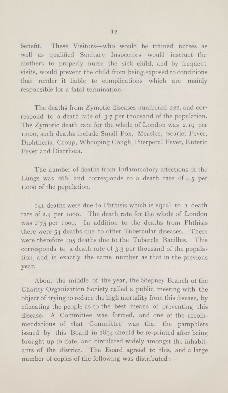 12 benefit. These Visitors—who would be trained nurses as well as qualified Sanitary Inspectors—would instruct the mothers to properly nurse the sick child, and by frequent visits, would prevent the child from being exposed to conditions that render it liable to complications which are mainly responsible for a fatal termination. The deaths from Zymotic diseases numbered 222, and cor respond to a death rate of 3.7 per thousand of the population. The Zymotic death rate for the whole of London was 2.19 per 1,000, such deaths include Small Pox, Measles, Scarlet Fever, Diphtheria, Croup, Whooping Cough, Puerperal Fever, Enteric Fever and Diarrhoea. The number of deaths from Inflammatory affections of the Lungs was 266, and corresponds to a death rate of 4.5 per 1,000 of the population. 141 deaths were due to Phthisis which is equal to a death rate of 2.4 per 1000. The death rate for the whole of London was i'75 per 1000. In addition to the deaths from Phthisis there were 54 deaths due to other Tubercular diseases. There were therefore 195 deaths due to the Tubercle Bacillus. This corresponds to a death rate of 3.3 per thousand of the popula tion, and is exactly the same number as that in the previous year. About the middle of the year, the Stepney Branch ot the Charity Organization Society called a public meeting with the object of trying to reduce the high mortality from this disease, by educating the people as to the best means of preventing this disease. A Committee was formed, and one of the recom mendations of that Committee was that the pamphlets issued by this Board in 1894 should be re-printed after being brought up to date, and circulated widely amongst the inhabit ants of the district. The Board agreed to this, and a large number of copies of the following was distributed:—