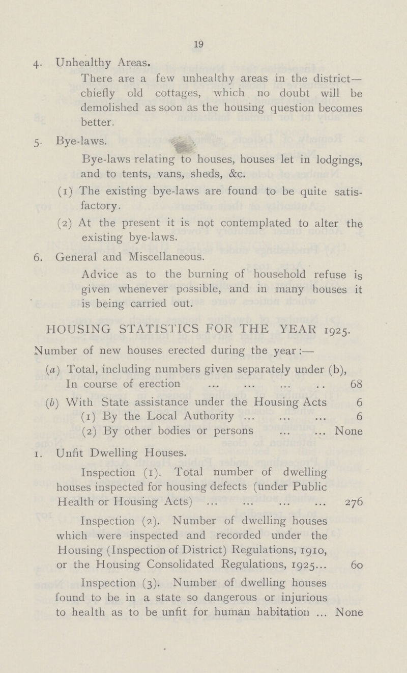 19 4. Unhealthy Areas. There are a few unhealthy areas in the district— chiefly old cottages, which no doubt will be demolished as soon as the housing question becomes better. 5. Bye-laws. Bye-laws relating to houses, houses let in lodgings, and to tents, vans, sheds, &c. (1) The existing bye-laws are found to be quite satis factory. (2) At the present it is not contemplated to alter the existing bye-laws. 6. General and Miscellaneous. Advice as to the burning of household refuse is given whenever possible, and in many houses it is being carried out. HOUSING STATISTICS FOR THE YEAR 1925. Number of new houses erected during the year:— (a) Total, including numbers given separately under (b), In course of erection 68 (b) With State assistance under the Housing Acts 6 (1) By the Local Authority 6 (2) By other bodies or persons None 1. Unfit Dwelling Houses. Inspection (1). Total number of dwelling houses inspected for housing defects (under Public Health or Housing Acts) 276 Inspection (2). Number of dwelling houses which were inspected and recorded under the Housing (Inspection of District) Regulations, 1910, or the Housing Consolidated Regulations, 1925 60 Inspection (3). Number of dwelling houses found to be in a state so dangerous or injurious to health as to be unfit for human habitation None