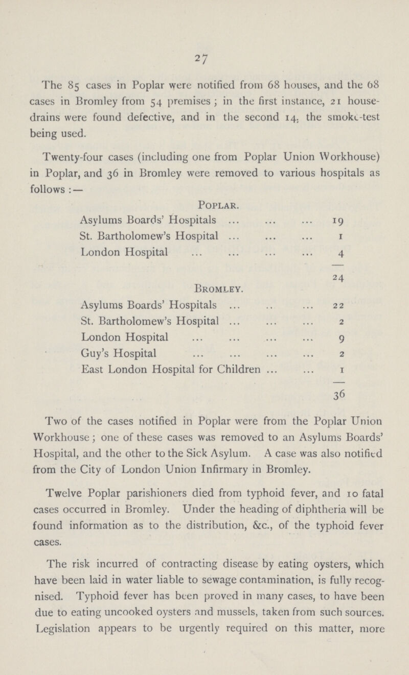 27 The 85 cases in Poplar were notified from 68 houses, and the 68 cases in Bromley from 54 premises; in the first instance, 21 house drains were found defective, and in the second 14. the smoke-test being used. Twenty-four cases (including one from Poplar Union Workhouse) in Poplar, and 36 in Bromley were removed to various hospitals as follows : — Poplar. Asylums Boards' Hospitals ... ... ... 19 St. Bartholomew's Hospital ... ... ... 1 London Hospital ... ... ... ... 4 24 Bromley. Asylums Boards' Hospitals ... .. ... 22 St. Bartholomew's Hospital ... ... ... 2 London Hospital ... ... ... ... 9 Guy's Hospital ... ... ... ... 2 East London Hospital for Children ... ... 1 36 Two of the cases notified in Poplar were from the Poplar Union Workhouse; one of these cases was removed to an Asylums Boards' Hospital, and the other to the Sick Asylum. A case was also notified from the City of London Union Infirmary in Bromley. Twelve Poplar parishioners died from typhoid fever, and 10 fatal cases occurred in Bromley. Under the heading of diphtheria will be found information as to the distribution, &c., of the typhoid fever cases. The risk incurred of contracting disease by eating oysters, which have been laid in water liable to sewage contamination, is fully recog nised. Typhoid fever has been proved in many cases, to have been due to eating uncooked oysters and mussels, taken from such sources. Legislation appears to be urgently required on this matter, more