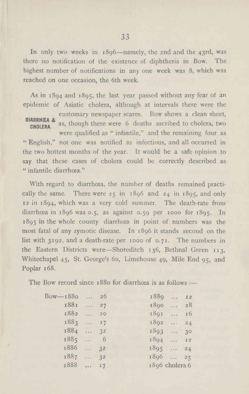 33 In only two weeks in 1896—namely, the 2nd and the 43rd, was there 110 notification of the existence of diphtheria in Bow. The highest number of notifications in any one week was 8, which was reached on one occasion, the 6th week. As in 1894 and 1895, the last year passed without any fear of an epidemic of Asiatic cholera, although at intervals there were the DiARRHŒA & CHOLERA customary newspaper scares. Bow shows a clean sheet, as, though there were 6 deaths ascribed to cholera, two were qualified as  infantile, and the remaining four as  English, not one was notified as infectious, and all occurred in the two hottest months of the year. It would be a safe opinion to say that these cases of cholera could be correctly described as  infantile diarrhoea. With regard to diarrhoea, the number of deaths remained practi cally the same. There were 25 in 1896 and 24 in 1895, and only 12 in 1894, which was a very cold summer. The death-rate from diarrhoea in 1896 was 0.5, as against 0.59 per 1000 for 1895. In 1895 in the whole county diarrhoea in point of numbers was the most fatal of any zymotic disease. In 1896 it stands second on the list with 3192, and a death-rate per 1000 of 0.71. The numbers in the Eastern Districts were—Shoreditch 136, Bethnal Green 113, Whitechapel 45, St. George's 60, Limehouse 49, Mile End 95, and Poplar 168. The Bow record since 1880 for diarrhoea is as follows :— Bow—1880 26 1881 27 1882 20 1883 17 1884 32 1885 6 1886 32 1887 32 1888 17 1889 12 1890 28 1891 16 1892 24 1893 30 1894 12 1895 24 1896 25 1896 cholera 6