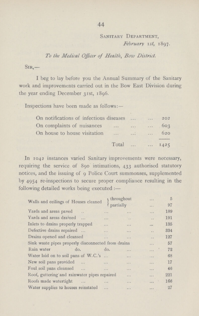 44 Sanitary Department, February ist, 1897. To the Medical Officer of Health, Bow District. Sir,— I beg to lay before you the Annual Summary of the Sanitary work and improvements carried out in the Bow East Division during the year ending December 3rst, 1896. Inspections have been made as follows: — On notifications of infectious diseases 202 On complaints of nuisances 603 On house to house visitation 620 Total 1425 In 1042 instances varied Sanitary improvements were necessary, requiring the service of 890 intimations, 433 authorised statutory notices, and the issuing of 9 Police Court summonses, supplemented by 4954 re-inspections to secure proper compliance resulting in the following detailed works being executed :— Walls and ceilings of Houses cleaned throughout partially 97 Yards and areas paved 189 Yards and areas drained 191 Inlets to drains properly trapped 135 Defective drains repaired 334 Drains opened and cleansed 127 Sink waste pipes properly disconnected from drains 57 Rain water do. do. 72 Water laid on to soil pans of W.C.'s 68 New soil pans provided 17 Foul soil pans cleansed 46 Roof, guttering and rainwater pipes repaired 221 Roofs made watertight 166 Water supplies to houses reinstated 27