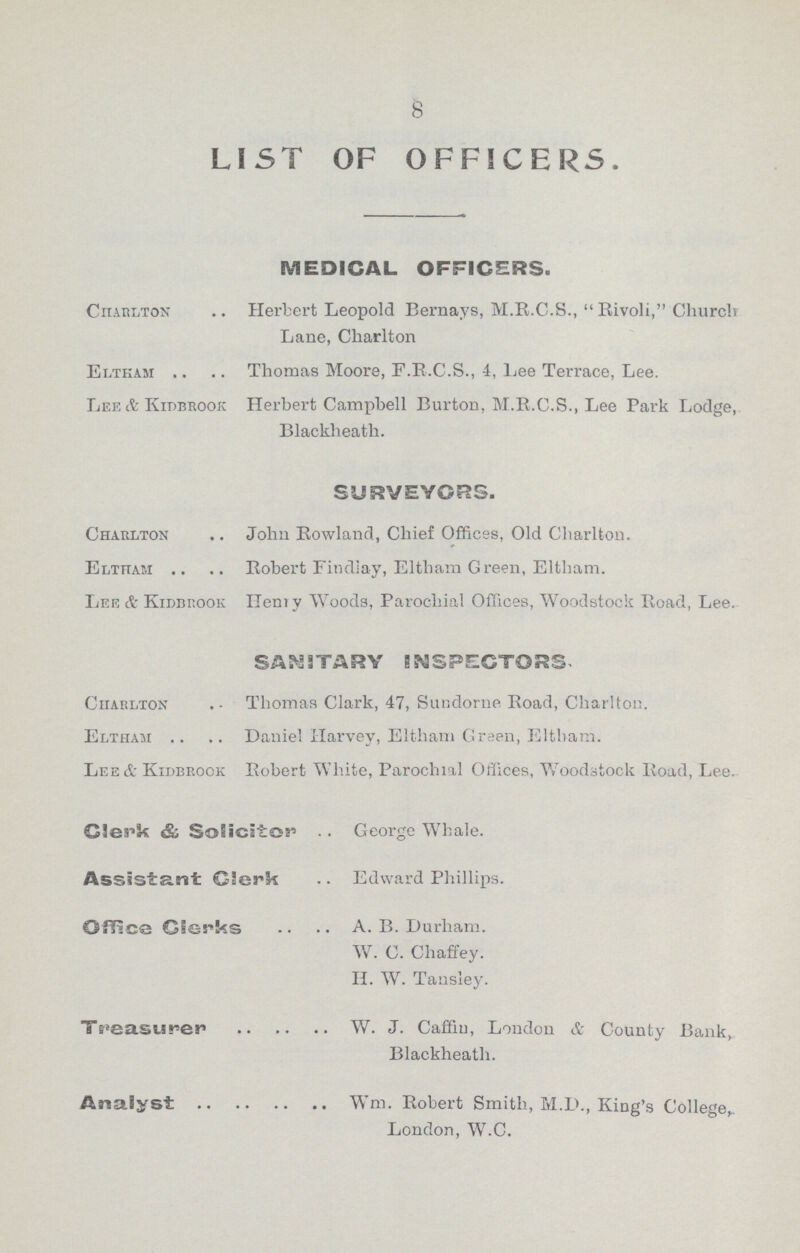 8 LIST OF OFFICERS. MEDICAL OFFICERS. Charlton Herbert Leopold Bernays, M.R.C.S.,  Rivoli, Church Lane, Charlton Eltham Thomas Moore, F.R.C.S., 4, Lee Terrace, Lee. Lee & Kidbrook Herbert Campbell Burton, M.R.C.S., Lee Park Lodge, Blackheath. SURVEYORS. Charlton .. John Rowland, Chief Offices, Old Charlton. Eltham .. .. Robert Findiay, Eltham Green, Eltham. Lee & Kidbrook Ilemy Woods, Parochial Offices, Woodstock Road, Lee. SANITARY INSPECTORS. Charlton Thomas Clark, 47, Sundorne Road, Charlton. Eltham Daniel Harvey, Eltham Graen, Eltham. Lee & Kidbrook Robert White, Parochial Offices, Woodstock Road, Lee. Clerk & Solicitor George Whale. Assistant Clerk Edward Phillips. Office Clerks A.B.Durham. W. C. Chaffey. H. W. Tansley. Ttreasurer W. J. Caffin, London & County Bank, Blackheath. Analyst Wm. Robert Smith, M.D., King's College,. London, W.C.