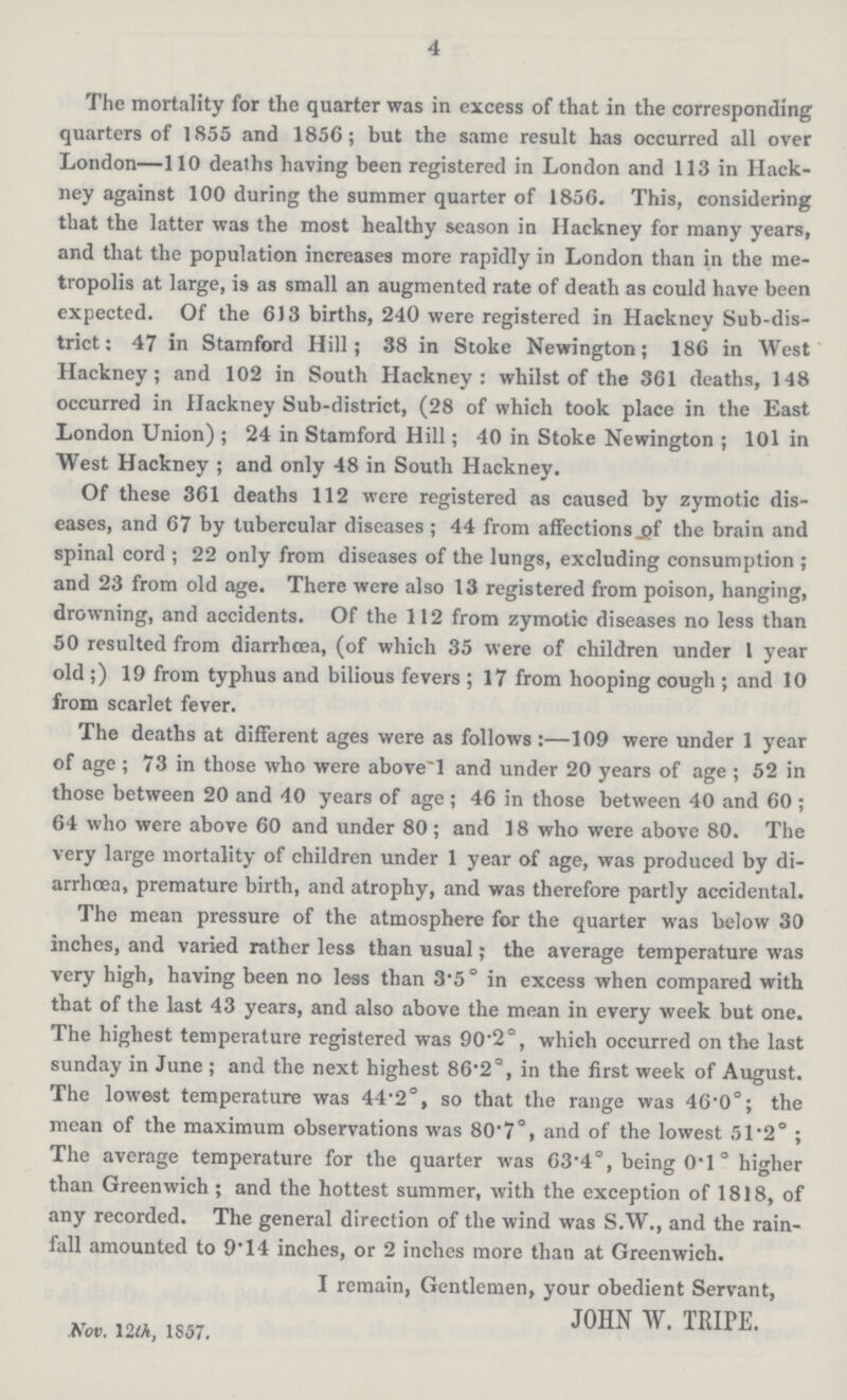 4 The mortality for the quarter was in excess of that in the corresponding quarters of 1855 and 1856; but the same result has occurred all over London—110 deaths having been registered in London and 113 in Hack ney against 100 during the summer quarter of 1856. This, considering that the latter was the most healthy season in Hackney for many years, and that the population increases more rapidly in London than in the me tropolis at large, is as small an augmented rate of death as could have been expected. Of the 613 births, 240 were registered in Hackney Sub-dis trict: 47 in Stamford Hill; 38 in Stoke Newington; 186 in West Hackney; and 102 in South Hackney: whilst of the 361 deaths, 148 occurred in Hackney Sub-district, (28 of which took place in the East London Union) ; 24 in Stamford Hill; 40 in Stoke Newington ; 101 in West Hackney ; and only 48 in South Hackney. Of these 361 deaths 112 were registered as caused by zymotic dis eases, and 67 by tubercular diseases ; 44 from affections of the brain and spinal cord ; 22 only from diseases of the lungs, excluding consumption ; and 23 from old age. There were also 13 registered from poison, hanging, drowning, and accidents. Of the 112 from zymotic diseases no less than 50 resulted from diarrhoea, (of which 35 were of children under 1 year old ;) 19 from typhus and bilious fevers ; 17 from hooping cough ; and 10 from scarlet fever. The deaths at different ages were as follows:—109 were under 1 year of age ; 73 in those who were above 1 and under 20 years of age ; 52 in those between 20 and 40 years of age ; 46 in those between 40 and 60 ; 64 who were above 60 and under 80 ; and 18 who were above 80. The very large mortality of children under 1 year of age, was produced by di arrhoea, premature birth, and atrophy, and was therefore partly accidental. The mean pressure of the atmosphere for the quarter was below 30 inches, and varied rather less than usual; the average temperature was very high, having been no less than 3.5° in excess when compared with that of the last 43 years, and also above the mean in every week but one. The highest temperature registered was 90.2°, which occurred on the last Sunday in June ; and the next highest 86.2°, in the first week of August. The lowest temperature was 44.2°, so that the range was 46.0°; the mean of the maximum observations was 80.7°, and of the lowest 51.2° ; The average temperature for the quarter was 63.4°, being 0.1° higher than Greenwich ; and the hottest summer, with the exception of 1818, of any recorded. The general direction of the wind was S.W., and the rain fall amounted to 9.14 inches, or 2 inches more than at Greenwich. I remain, Gentlemen, your obedient Servant, JOHN W. TRIPE. Nov. 12th, 1857.