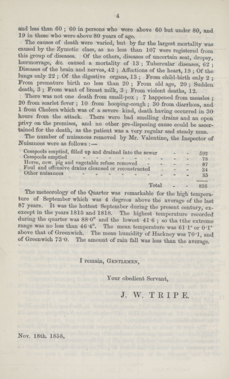 4 and less than 60 ; CO in persons who were above 60 but under 80, and 19 in those who were above 80 years of age. The causes of death were varied, but by far the largest mortality was caused by the Zymotic class, as no less than 107 were registered from this group of diseases. Of the others, diseases of uncertain seat, dropsy, haærmorrage, &c. caused a mortality of 13; Tubercular diseases, 62; Diseases of the brain and nerves, 42; Affections of the heart, 19; Of the lungs only 22; Of the digestive organs, 13; From child.birth only 2; From premature birth no less than 20; From old age, 20; Sudden death, 3 ; From want of breast milk, 3 ; From violent deaths, 12. There was not one death from small.pox ; 7 happened from measles ; 20 from scarlet fever; 10 from hooping.cough; 30 from diarrhoea, and 1 from Cholera which was of a severe kind, death having occurred in 30 hours from the attack. There were bad smelling drains and an open privy on the premises, and no other pre.disposing cause could be ascer tained for the death, as the patient was a very regular and steady man. The number of nuisances removed by Mr. Valentine, the Inspector of Nuisances were as follows :— Cesspools emptied, filled up and drained into the sewer 592 Cesspools emptied 78 Horse, cow. pig and vegetable refuse removed 87 Foul and offensive drains cleansed or reconstructed 31 Other nuisances 35 Total 826 The meteorology of the Quarter was remarkable for the high tempera ture of September which was 4 degrees above the average of the last 87 years. It was the hottest September during the present century, ex. except in the years 1815 and 1818. The highest temperature recorded during the quarter was 88 0° and the lowest 416; so tha the extreme range was no less than 46.4°. The mean temperature was 611° or 0.1 above that of Greenwich. The mean humidity of Hackney wss 70.1, and of Greenwich 73.0. The amount of rain fall was less than the average. I remain, Gentlemen, Your obedient Servant, J. W. TRIPE. Nov. 18th. 1858.