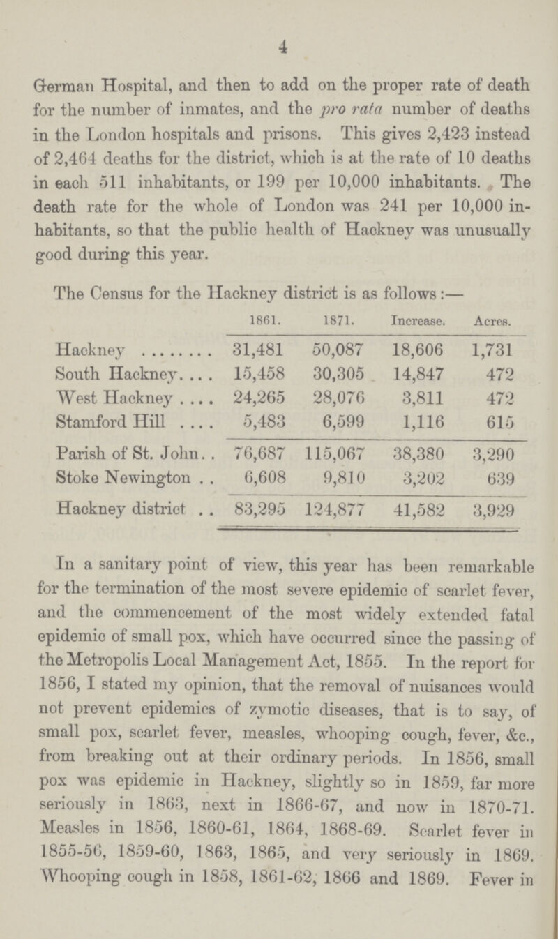 4 German Hospital, and then to add on the proper rate of death for the number of inmates, and the pro rata number of deaths in the London hospitals and prisons. This gives 2,423 instead of 2,464 deaths for the district, which is at the rate of 10 deaths in each 511 inhabitants, or 199 per 10,000 inhabitants. The death rate for the whole of London was 241 per 10,000 in habitants, so that the public health of Hackney was unusually good during this year. The Census for the Hackney district is as follows:— 1861. 1871. Increase. Acres. Hackney 31,481 50,087 18,606 1,731 South Hackney 15,458 30,305 14,847 472 West Hackney 24,265 28,076 3,811 472 Stamford Hill 5,483 6,599 1,116 615 Parish of St. John 76,687 115,067 38,380 3,290 Stoke Newington 6,608 9,810 3,202 639 Hackney district 83,295 124,877 41,582 3,929 In a sanitary point of view, this year has been remarkable for the termination of the most severe epidemic of scarlet fever, and the commencement of the most widely extended fatal epidemic of small pox, which have occurred since the passing of the Metropolis Local Management Act, 1855. In the report for 1856, I stated my opinion, that the removal of nuisances would not prevent epidemics of zymotic diseases, that is to say, of small pox, scarlet fever, measles, whooping cough, fever, &c., from breaking out at their ordinary periods. In 1856, small pox was epidemic in Hackney, slightly so in 1859, far more seriously in 1863, next in 1866-67, and now in 1870-71. Measles in 1856, 1860-61, 1864, 1868-69. Scarlet fever in 1855-56, 1859-60, 1863, 1865, and very seriously in 1869. Whooping cough in 1858, 1861-62, 1866 and 1869. Fever in