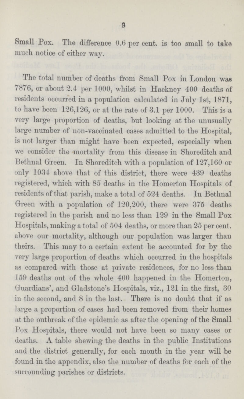 9 Small Pox. The difference 0.6 per cent. is too small to take much notice of either way. The total number of deaths from Small Pox in London was 7876, or about 2.4 per 1000, whilst in Hackney 400 deaths of residents occurred in a population calculated in July 1st, 1871, to have been 126,126, or at the rate of 3.1 per 1000. This is a very large proportion of deaths, but looking at the unusually large number of non-vaccinated cases admitted to the Hospital, is not larger than might have been expected, especially when we consider the mortality from this disease in Shoreditch and Bethnal Green. In Shoreditch with a population of 127,160 or only 1034 above that of this district, there were 439 deaths registered, which with 85 deaths in the Homerton Hospitals of residents of that parish, make a total of 524 deaths. In Bethnal Green with a population of 120,200, there were 375 deaths registered in the parish and no less than 129 in the Small Pox Hospitals, making a total of 504 deaths, or more than 25 per cent. above our mortality, although our population was larger than theirs. This may to a certain extent be accounted for by the very large proportion of deaths which occurred in the hospitals as compared with those at private residences, for no less than 159 deaths out of the whole 400 happened in the Homerton, Guardians', and Gladstone's Hospitals, viz., 121 in the first, 30 in the second, and 8 in the last. There is no doubt that if as large a proportion of cases had been removed from their homes at the outbreak of the epidemic as after the opening of the Small Pox Hospitals, there would not have been so many cases or deaths. A table shewing the deaths in the public Institutions and the district generally, for each month in the year will be found in the appendix, also the number of deaths for each of the surrounding parishes or districts.
