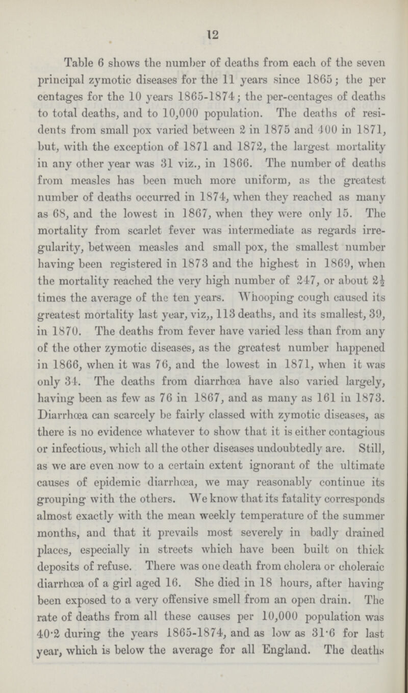 12 Table 6 shows the number of deaths from each of the seven principal zymotic diseases for the 11 years since 1865; the per centages for the 10 years 1865-1874; the per-centages of deaths to total deaths, and to 10,000 population. The deaths of resi dents from small pox varied between 2 in 1875 and 100 in 1871, but, with the exception of 1871 and 1872, the largest mortality in any other year was 31 viz., in 1866. The number of deaths from measles has been much more uniform, as the greatest number of deaths occurred in 1874, when they reached as many as 68, and the lowest in 1867, when they were only 15. The mortality from scarlet fever was intermediate as regards irre gularity, between measles and small pox, the smallest number having been registered in 1873 and the highest in 1869, when the mortality reached the very high number of 247, or about 2½ times the average of the ten years. Whooping cough caused its greatest mortality last year, viz,, 113 deaths, and its smallest, 39, in 1870. The deaths from fever have varied less than from any of the other zymotic diseases, as the greatest number happened in 1866, when it was 76, and the lowest in 1871, when it was only 34. The deaths from diarrhoea have also varied largely, having been as few as 76 in 1867, and as many as 161 in 1873. Diarrhoea can scarcely be fairly classed with zymotic diseases, as there is no evidence whatever to show that it is either contagious or infectious, which all the other diseases undoubtedly are. Still, as we are even now to a certain extent ignorant of the ultimate causes of epidemic diarrhoea, we may reasonably continue its grouping with the others. We know that its fatality corresponds almost exactly with the mean weekly temperature of the summer months, and that it prevails most severely in badly drained places, especially in streets which have been built on thick deposits of refuse. There was one death from cholera or choleraic diarrhoea of a girl aged 16. She died in 18 hours, after having been exposed to a very offensive smell from an open drain. The rate of deaths from all these causes per 10,000 population was 40.2 during the years 1865-1874, and as low as 31.6 for last year, which is below the average for all England. The deaths