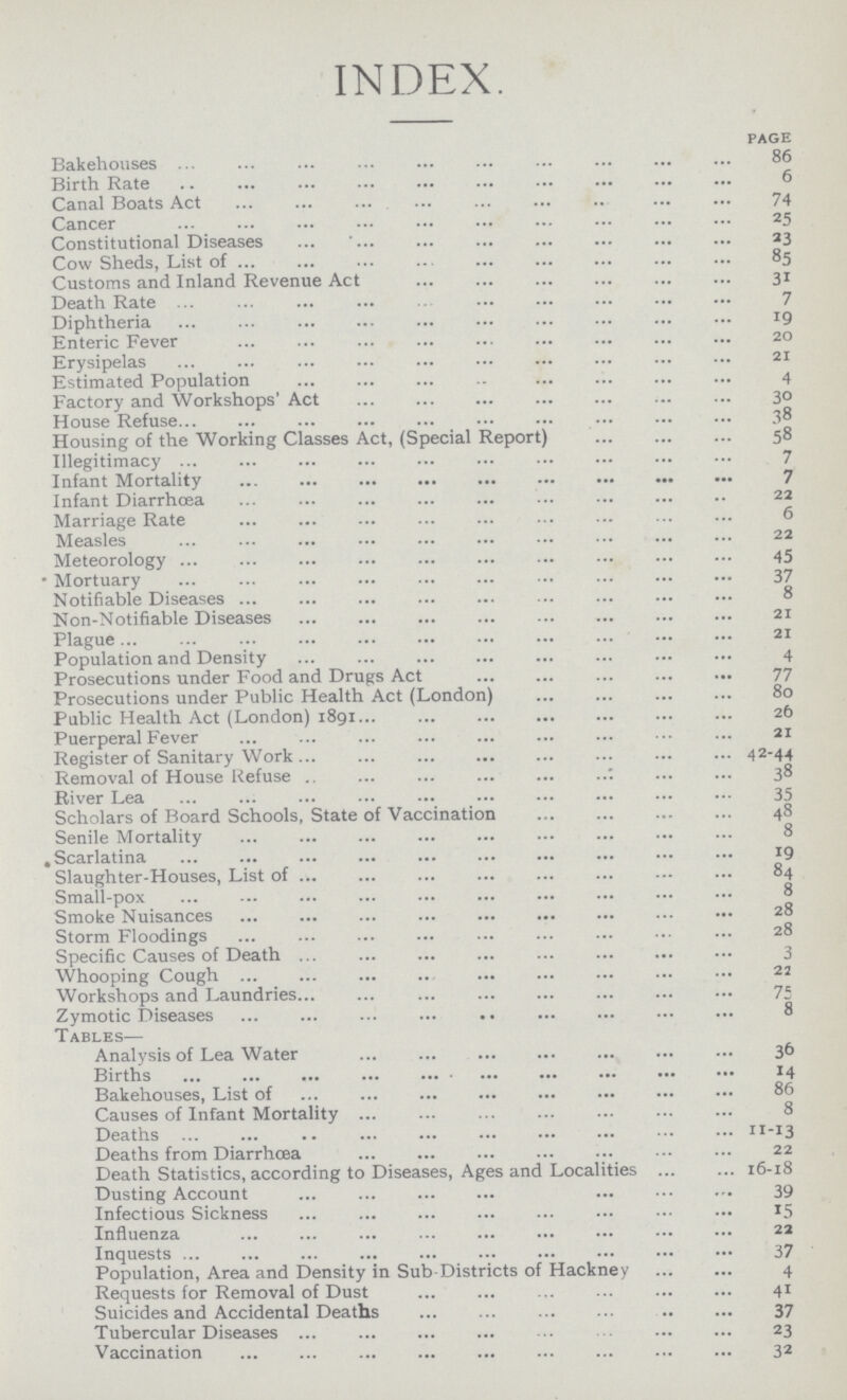 INDEX. page Bakehouses 86 Birth Rate 6 Canal Boats Act 74 Cancer 25 Constitutional Diseases 23 Cow Sheds, List of 85 Customs and Inland Revenue Act 31 Death Rate 7 Diphtheria 19 Enteric Fever 20 Erysipelas 21 Estimated Population 4 Factory and Workshops' Act 30 House Refuse 38 Housing of the Working Classes Act, (Special Report) 58 Illegitimacy 7 Infant Mortality 7 Infant Diarrhœa 22 Marriage Rate 6 Measles 22 Meteorology 45 * Mortuary 37 Notifiable Diseases 8 Non.Notifiable Diseases 21 Plague 21 Population and Density 4 Prosecutions under Food and Drugs Act 77 Prosecutions under Public Health Act (London) 80 Public Health Act (London) 1891 2b Puerperal Fever 21 Register of Sanitary Work 42.44 Removal of House Refuse 38 River Lea 35 Scholars of Board Schools, State of Vaccination 48 Senile Mortality 8 Scarlatina 19 Slaughter.Houses, List of 84 Small.pox 8 Smoke Nuisances 28 Storm Floodings 28 Specific Causes of Death 3 Whooping Cough 22 Workshops and Laundries 75 Zymotic Diseases 8 Tables— Analysis of Lea Water 36 Births 14 Bakehouses, List of 86 Causes of Infant Mortality 8 Deaths 11.13 Deaths from Diarrhœa 22 Death Statistics, according to Diseases, Ages and Localities 16.18 Dusting Account 39 Infectious Sickness 15 Influenza 22 Inquests 37 Population, Area and Density in Sub.Districts of Hackney 4 Requests for Removal of Dust 41 Suicides and Accidental Deaths 37 Tubercular Diseases 23 Vaccination 32