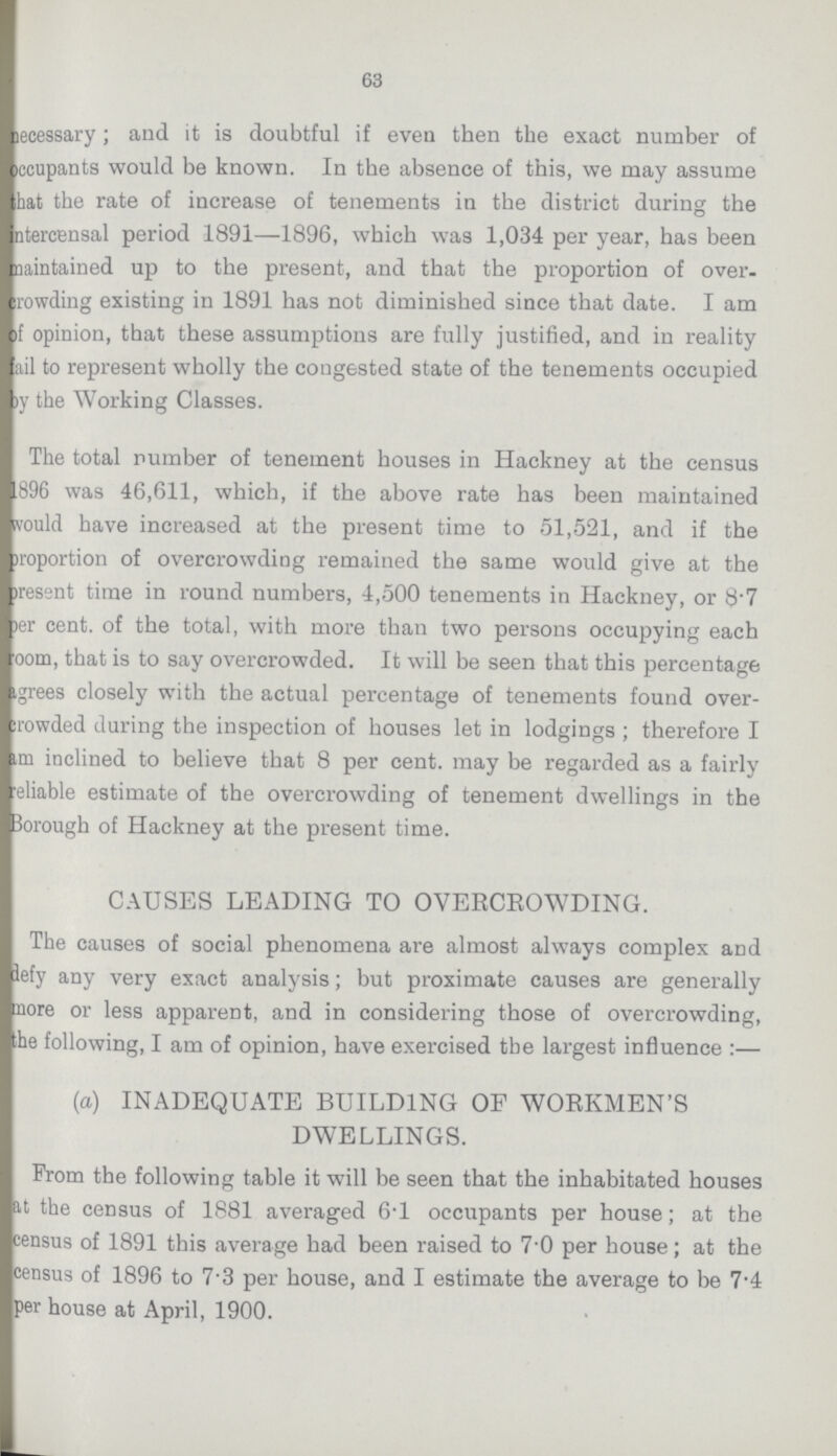 63 necessary; and it is doubtful if even then the exact number of occupants would be known. In the absence of this, we may assume that the rate of increase of tenements in the district during the intercensal period 1891—1896, which was 1,034 per year, has been maintained up to the present, and that the proportion of over, crowding existing in 1891 has not diminished since that date. I am of opinion, that these assumptions are fully justified, and in reality fail to represent wholly the congested state of the tenements occupied by the Working Classes. The total number of tenement houses in Hackney at the census 1896 was 46,611, which, if the above rate has been maintained would have increased at the present time to 51,521, and if the proportion of overcrowding remained the same would give at the present time in round numbers, 4,500 tenements in Hackney, or 8.7 per cent. of the total, with more than two persons occupying each room, that is to say overcrowded. It will be seen that this percentage agrees closely with the actual percentage of tenements found over crowded during the inspection of houses let in lodgings; therefore I am inclined to believe that 8 per cent. may be regarded as a fairly reliable estimate of the overcrowding of tenement dwellings in the borough of Hackney at the present time. CAUSES LEADING TO OVERCROWDING. The causes of social phenomena are almost always complex and defy any very exact analysis; but proximate causes are generally nore or less apparent, and in considering those of overcrowding, the following, I am of opinion, have exercised the largest influence :— (a) INADEQUATE BUILDING OF WORKMEN'S DWELLINGS. Prom the following table it will be seen that the inhabitated houses it the census of 1881 averaged 6.l occupants per house; at the census of 1891 this average had been raised to 7.0 per house; at the census of 1896 to 7.3 per house, and I estimate the average to be 7.4 per house at April, 1900.