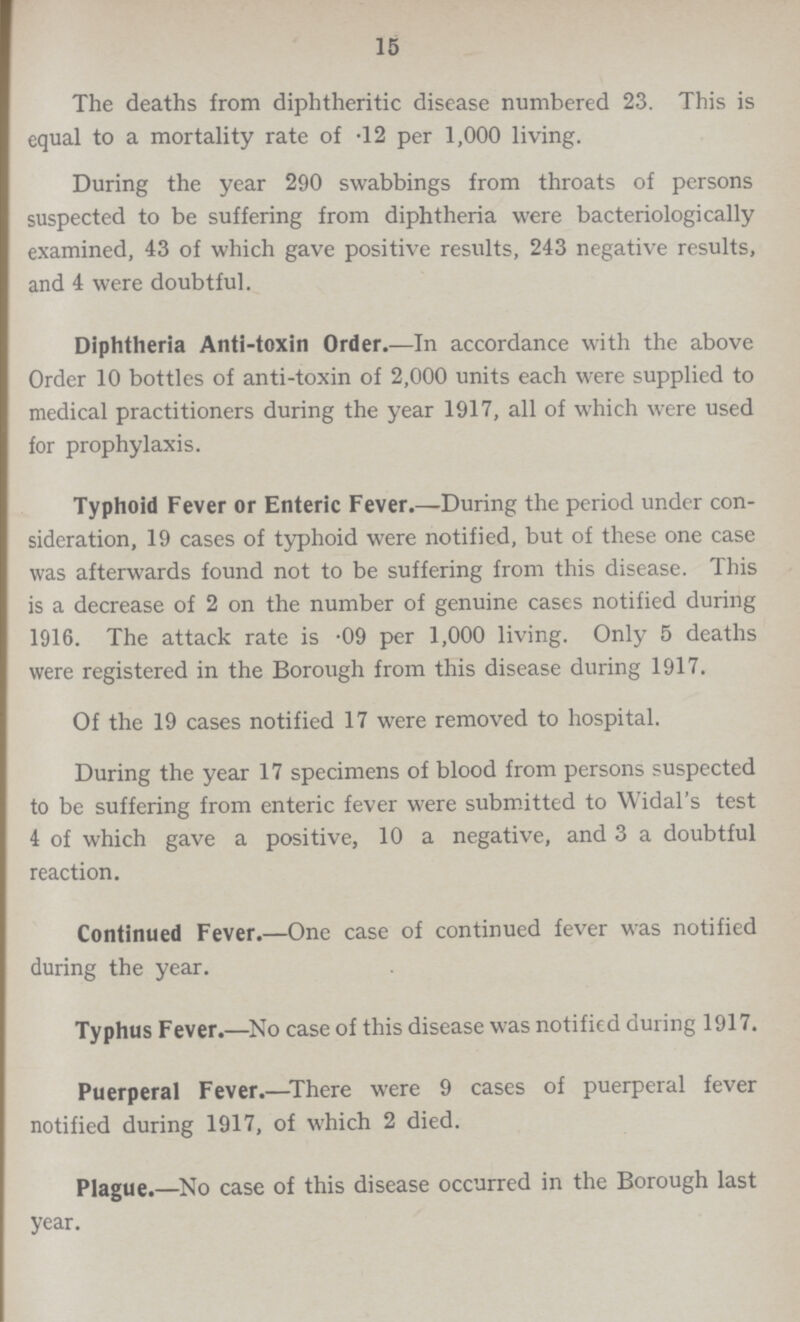 15 The deaths from diphtheritic disease numbered 23. This is equal to a mortality rate of .12 per 1,000 living. During the year 290 swabbings from throats of persons suspected to be suffering from diphtheria were bacteriologically examined, 43 of which gave positive results, 243 negative results, and 4 were doubtful. Diphtheria Anti-toxin Order.—In accordance with the above Order 10 bottles of anti-toxin of 2,000 units each were supplied to medical practitioners during the year 1917, all of which were used for prophylaxis. Typhoid Fever or Enteric Fever.—During the period under con sideration, 19 cases of typhoid were notified, but of these one case was afterwards found not to be suffering from this disease. This is a decrease of 2 on the number of genuine cases notified during 1916. The attack rate is .09 per 1,000 living. Only 5 deaths were registered in the Borough from this disease during 1917. Of the 19 cases notified 17 were removed to hospital. During the year 17 specimens of blood from persons suspected to be suffering from enteric fever were submitted to Widal's test 4 of which gave a positive, 10 a negative, and 3 a doubtful reaction. Continued Fever.—One case of continued fever was notified during the year. Typhus Fever.—No case of this disease was notified during 1917. Puerperal Fever.—There were 9 cases of puerperal fever notified during 1917, of which 2 died. Plague.—No case of this disease occurred in the Borough last year.