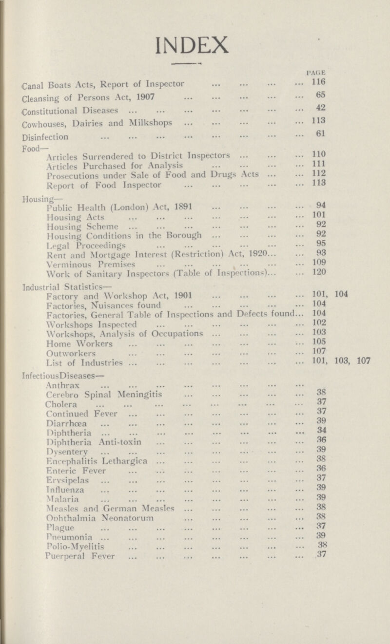 INDEX PAGE Canal Boats Acts, Report of Inspector 116 Cleansing of Persons Act, 1907 65 Constitutional Diseases 42 Cowhouses, Dairies and Milkshops 113 Disinfection 61 Food— Articles Surrendered to District Inspectors 110 Articles Purchased for Analysis 111 Prosecutions under Sale of Food and Drugs Acts 112 Report of Food Inspector 113 Housing— Public Health (London) Act, 1891 94 Housing Acts 101 Housing Scheme 92 Housing Conditions in the Borough 92 Legal Proceedings 95 Rent and Mortgage Interest (Restriction) Act, 1920 93 Verminous Premises 109 Work of Sanitary Inspectors (Table of Inspections) 120 Industrial Statistics— Factory and Workshop Act, 1901 101, 104 Factories, Nuisances found 104 Factories, General Table of Inspections and Defects found 104 Workshops Inspected 102 Workshops, Analysis of Occupations 103 Home Workers 105 Outworkers 107 List of Industries 101, 103, 107 InfectiousDiseases— Anthrax Cerebro Spinal Meningitis 38 Cholera 37 Continued Fever 37 Diarrhoea 39 Diphtheria 34 Diphtheria Anti-toxin 36 Dysentery 39 Encephalitis Lethargica 38 Enteric Fever 36 Ervsipelas 37 Influenza 39 Malaria 39 Measles and German Measles 38 Ophthalmia Neonatorum 38 Plague 37 Pneumonia 39 Polio-Myelitis 38 Puerperal Fever 37