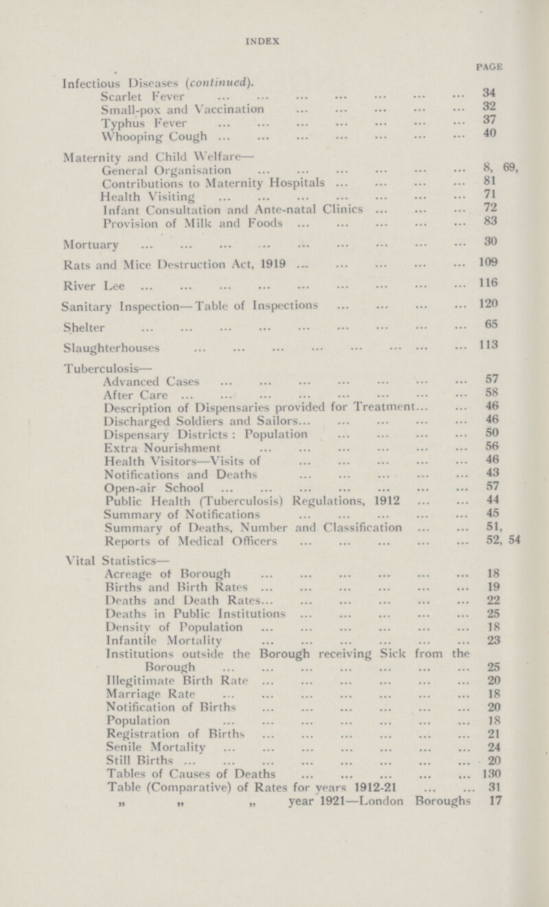 index page Infectious Diseases (continued). Scarlet Fever 34 Small-pox and Vaccination 32 Typhus Fever 37 Whooping Cough 40 Maternity and Child Welfare— General Organisation 8, 69, Contributions to Maternity Hospitals 81 Health Visiting 71 Infant Consultation and Ante-natal Clinics 72 Provision of Milk and Foods 83 Mortuary 30 Rats and Mice Destruction Act, 1919 109 River Lee 116 Sanitary Inspection—Table of Inspections 120 Shelter 65 Slaughterhouses 113 Tuberculosis— Advanced Cases 57 After Care 58 Description of Dispensaries provided for Treatment 46 Discharged Soldiers and Sailors 46 Dispensary Districts: Population 50 Extra Nourishment 56 Health Visitors—Visits of 46 Notifications and Deaths 43 Open-air School 57 Public Health (Tuberculosis) Regulations, 1912 44 Summary of Notifications 45 Summary of Deaths, Number and Classification 51, Reports of Medical Officers 52, 54 Vital Statistics— Acreage of Borough 18 Births and Birth Rates 19 Deaths and Death Rates 22 Deaths in Public Institutions 25 Density of Population 18 Infantile Mortality 23 Institutions outside the Borough receiving Sick from the Borough 25 Illegitimate Birth Rate 20 Marriage Rate 18 Notification of Births 20 Population 18 Registration of Births 21 Senile Mortality 24 Still Births 20 Tables of Causes of Deaths 130 Table (Comparative) of Rates for years 1912-21 31 „ „ „ year 1921—London Boroughs 17