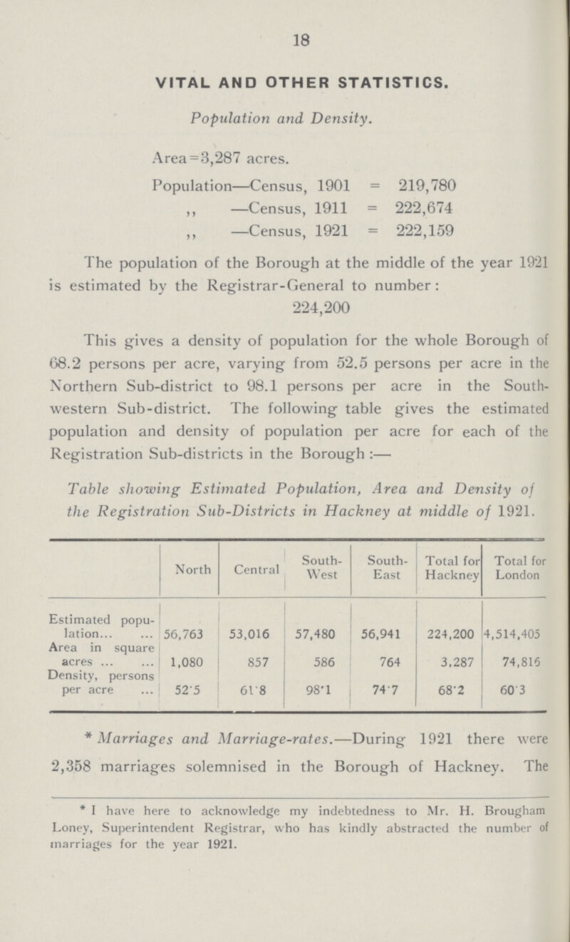 18 VITAL AND OTHER STATISTICS. Population and Density. Area=3,287 acres. Population—Census, 1901 = 219,780 „ —Census, 1911 = 222,674 „ —Census, 1921 = 222,159 The population of the Borough at the middle of the year 1921 is estimated by the Registrar-General to number: 224,200 This gives a density of population for the whole Borough of 68.2 persons per acre, varying from 52.5 persons per acre in the Northern Sub-district to 98.1 persons per acre in the South western Sub-district. The following table gives the estimated population and density of population per acre for each of the Registration Sub-districts in the Borough:— Table showing Estimated Population, Area and Density of the Registration Sub-Districts in Hackney at middle of 1921. North Central South- West South- East Total for Hackney Total for London Estimated popu lation 56,763 53,016 57,480 56,941 224,200 4,514,405 Area in square acres 1,080 857 586 764 3,287 74,815 Density, persons per acre 525 61.8 98.1 74.7 68.2 60.3 *Marriages and Marriage-rates.—During 1921 there were 2,358 marriages solemnised in the Borough of Hackney. The *I have here to acknowledge my indebtedness to Mr. H. Brougham Loney, Superintendent Registrar, who has kindly abstracted the number of marriages for the year 1921.