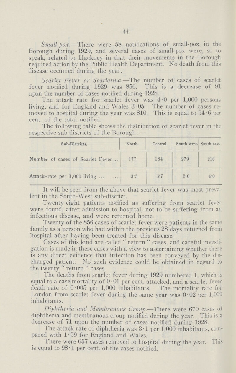 44 Small.pox.—There were 58 notifications of small.pox in the Borough during 1929, and several cases of small.pox were, so to speak, related to Hackney in that their movements in the Borough required action by the Public Health Department. No death from this disease occurred during the year. Scarlet Fever or Scarlatina.—The number of cases of scarlet fever notified during 1929 was 856. This is a decrease of 91 upon the number of cases notified during 1928. The attack rate for scarlet fever was 4.0 per 1,000 persons living, and for England and Wales 3.05. The number of cases re moved to hospital during the year was 810. This is equal to 94.6 per cent. of the total notified. The following table shows the distribution of scarlet fever in the respective sub.districts of the Borough:— Sub.Districts. North. Central. South.west. South.east. Number of cases of Scarlet Fever 177 181 279 216 Attack.rate per 1,000 living 3.3 3.7 5.0 4.0 It will be seen from the above that scarlet fever was most preva lent in the South.West sub.district. Twenty.eight patients notified as suffering from scarlet fever were found, after admission to hospital, not to be suffering from an infectious disease, and were returned home. Twenty of the 856 cases of scarlet fever were patients in the same family as a person who had within the previous 28 days returned from hospital after having been treated for this disease. Cases of this kind are called  return  cases, and careful investi gation is made in these cases with a view to ascertaining whether there is any direct evidence that infection has been conveyed by the dis charged patient. No such evidence could be obtained in regard to the twenty  return  cases. The deaths from scarlet fever during 1929 numbered 1, which is equal to a case mortality of 0.01 per cent. attacked, and a scarlet fever death.rate of 0.005 per 1,000 inhabitants. The mortality rate for London from scarlet fever during the same year was 0.02 per 1,000 inhabitants. Diphtheria and Membranous Croup.—There were 670 cases of diphtheria and membranous croup notified during the year. This is a decrease of 71 upon the number of cases notified during 1928. The attack rate of diphtheria was 3.1 per 1,000 inhabitants, com pared with 1.59 for England and Wales. There were 657 cases removed to hospital during the year. This is equal to 98.1 per cent. of the cases notified.