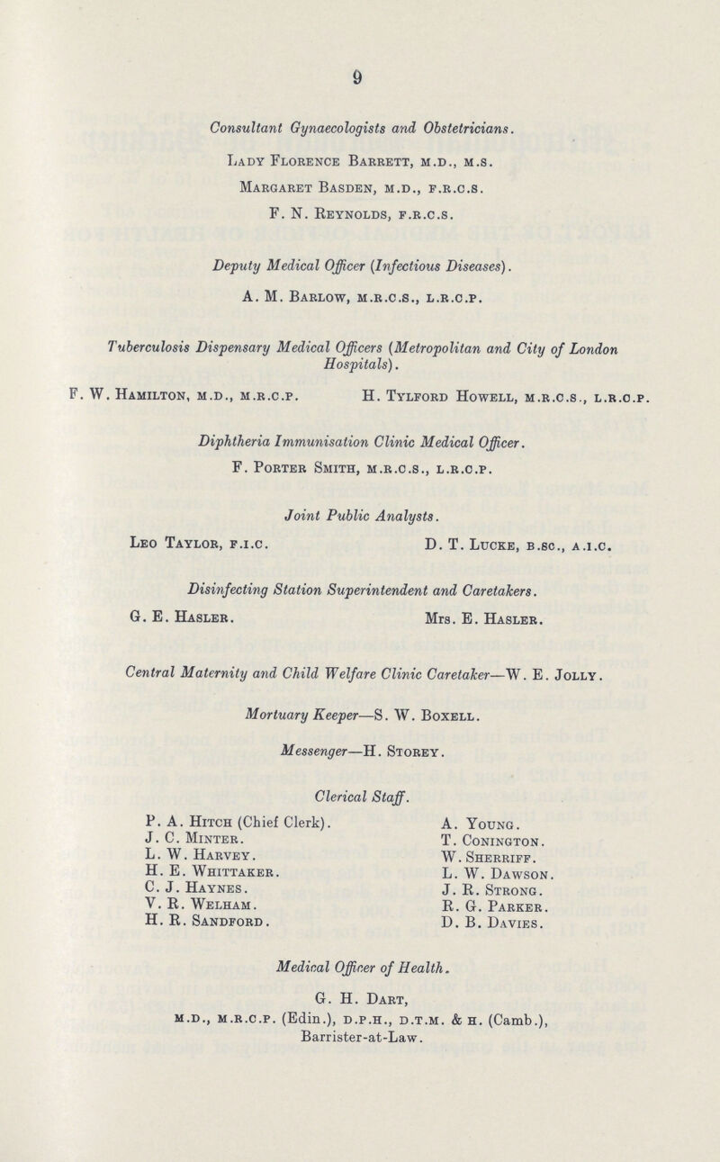 9 Consultant Gynaecologists and Obstetricians. Lady Florence Barrett, m.d., m.s. Margaret Basden, m.d., f.r.c.s. F. N. Reynolds, f.r.c.s. Deputy Medical Officer (Infectious Diseases). A. M. Barlow, m.r.c.s., l.r.c.p. Tuberculosis Dispensary Medical Officers (Metropolitan and City of London Hospitals). F. W.Hamilton, m.d., m.r.c.p. H. Tylford Howell, m.r.c.s., l.r.c.p. Diphtheria Immunisation Clinic Medical Officer. F. Porter Smith, m.r.c.s., l.r.c.p. Joint Public Analysts. Leo Taylor, F.I.C. D. T. Lucke, B.SC., A.I.C. Disinfecting Station Superintendent and Caretakers. G. E. Hasler. Mrs. E. Hasler. Central Maternity and Child Welfare Clinic Caretaker—W. E. Jolly. Mortuary Keeper—S. W. Boxell. Messenger—H. Storey. Clerical Staff. P. A. Hitch (Chief Clerk). A. Young. J. C. Minter. T. Conington. L.W.Harvey. W.Sherriff. H. E. Whittaker. L. W. Dawson. C. J.Haynes. J.R. Strong. V. R. Welham. R. G. Parker. H. R. Sandford. D. B. Davies. Medical Officer of Health. G. H. Dart, m.d., m.r.c.p. (Edin.), d.p.h., d.t.m. & h. (Camb.), Barrister-at-Law.