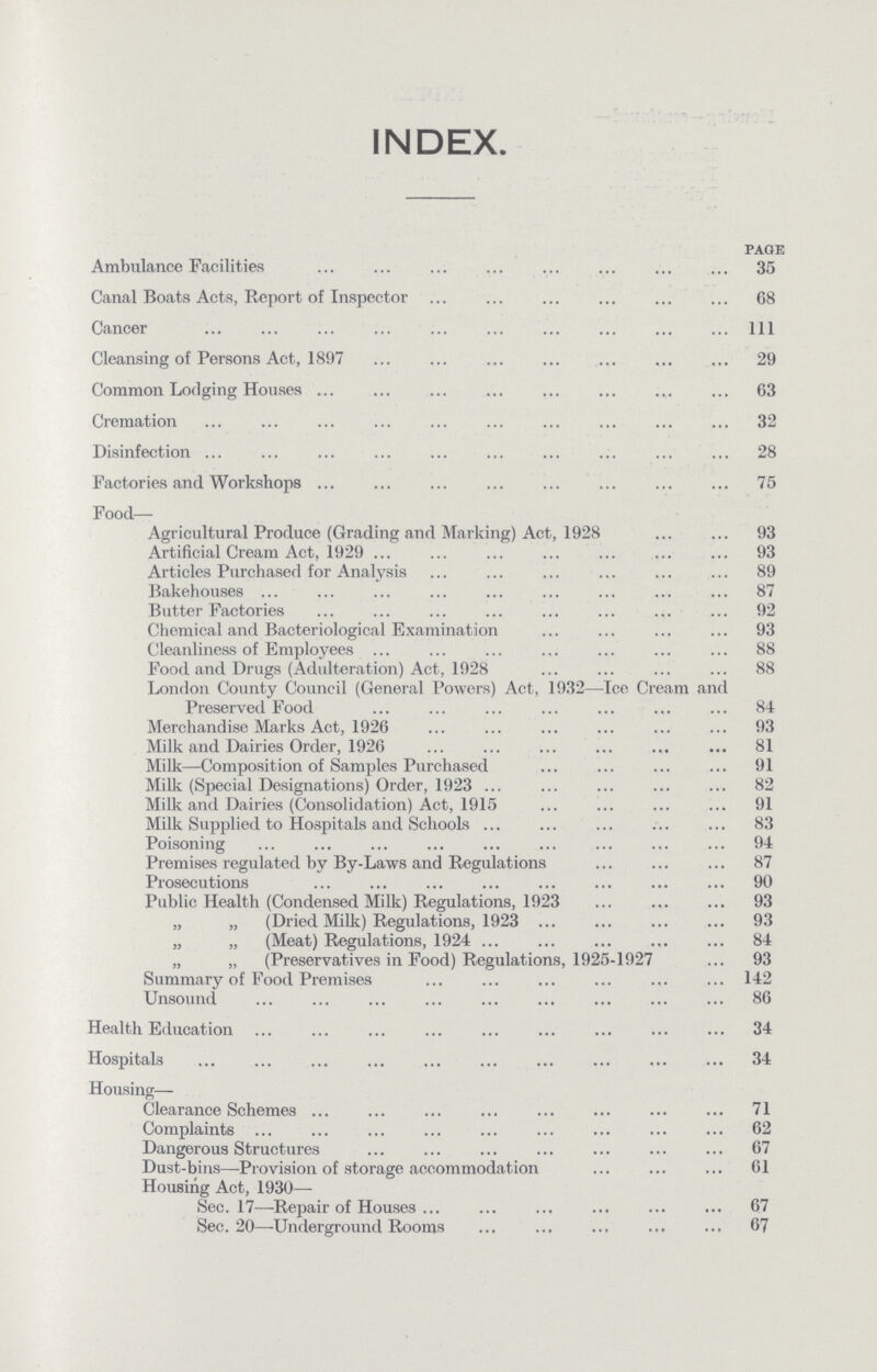 INDEX. page Ambulance Facilities 35 Canal Boats Acts, Report of Inspector 68 Cancer 111 Cleansing of Persons Act, 1897 29 Common Lodging Houses 63 Cremation 32 Disinfection 28 Factories and Workshops 75 Food- Agricultural Produce (Grading and Marking) Act, 1928 93 Artificial Cream Act, 1929 93 Articles Purchased for Analysis 89 Bakehouses 87 Butter Factories 92 Chemical and Bacteriological Examination 93 Cleanliness of Employees 88 Food and Drugs (Adulteration) Act, 1928 88 London County Council (General Powers) Act, 1932—Ice Cream and Preserved Food 84 Merchandise Marks Act, 1926 93 Milk and Dairies Order, 1926 81 Milk—Composition of Samples Purchased 91 Milk (Special Designations) Order, 1923 82 Milk and Dairies (Consolidation) Act, 1915 91 Milk Supplied to Hospitals and Schools 83 Poisoning 94 Premises regulated by By-Laws and Regulations 87 Prosecutions 90 Public Health (Condensed Milk) Regulations, 1923 93 „ „ (Dried Milk) Regulations, 1923 93 „ „ (Meat) Regulations, 1924 84 „ „ (Preservatives in Food) Regulations, 1925-1927 93 Summary of Food Premises 142 Unsound 86 Health Education 34 Hospitals 34 Housing— Clearance Schemes 71 Complaints 62 Dangerous Structures 67 Dust-bins—Provision of storage accommodation 61 Housing Act, 1930— Sec. 17—Repair of Houses 67 Sec. 20—Underground Rooms 67