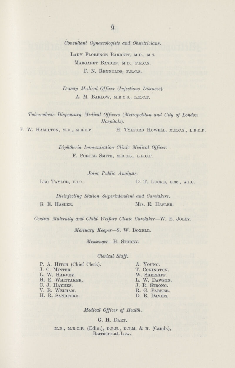 9 Consultant Gynaecologists and Obstetricians. Lady Florence Barrett, m.d., m.s. Margaret Basden, m.d., f.r.c.s. F. N. Reynolds, f.r.c.s. Deputy Medical Officer (Infectious Diseases), A. M. Barlow, m.r.c.s., l.r.c.p. Tuberculosis Dispensary Medical Officers (Metropolitan and City of London Hospitals). W. Hamilton, m.d., m.r.c.p. H. Tylford Howell, m.r.c.s., l.r.c.p. Diphtheria Immunisation Clinic Medical Officer. F. Porter Smith, m.r.c.s., l.r.c.p. Joint Public Analysts. Leo Taylor, f.i.c. D. T. Lucre, b.sc., a.i.c. Disinfecting Station Superintendent and Caretakers. G. E. Hasler. Mrs. E. Hasler. Central Maternity and Child Welfare Clinic Caretaker—W. E. Jolly. Mortuary Keeper—S. W. Boxell. Messenger—H. Storey. Clerical Staff. P. A. Hitch (Chief Clerk). A. Young. J. C. Minter. T. Conington. L. W. Harvey. W. Sherriff. H. E. Whittaker. L. W. Dawson. C. J. Haynes. J. R. Strong. V. R. Welham. R. G. Parker. H. R. Sandford. D. B. Davies. Medical Officer of Health. G. H. Dart, m.d., m.r.c.p. (Edin.), d.p.h., d.t.m. & h. (Camb.), Barrister-at-Law.