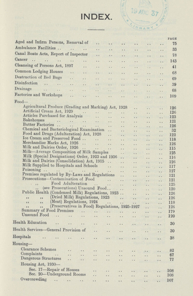 INDEX. page Aged and Infirm Persons, Removal of 75 Ambulance Facilities 33 Canal Boats Acts, Report of Inspector 78 Cancer 143 Cleansing of Persons Act, 1897 41 Common Lodging Houses 68 Destruction of Bed Bugs 69 Disinfection 39 Drainage 68 Factories and Workshops 109 Food— Agricultural Produce (Grading and Marking) Act, 1928 126 Artificial Cream Act, 1929 126 Articles Purchased for Analysis 123 Bakehouses 121 Butter Factories 126 Chemical and Bacteriological Examination 32 Food and Drugs (Adulteration) Act, 1928 122 Ice Cream and Preserved Food 118 Merchandise Marks Act, 1926 126 Milk and Dairies Order, 1926 115 Milk—Average Composition of Milk Samples 125 Milk (Special Designations) Order, 1923 and 1936 116 Milk and Dairies (Consolidation) Act, 1915 126 Milk Supplied to Hospitals and Schools 117 Poisoning 127 Premises regulated by By.Laws and Regulations 121 Prosecutions—Contamination of Food 121 ,, Food Adulteration 125 ,, (see Prosecutions) Unsound Food 120 Public Health (Condensed Milk) Regulations, 1923 126 ,, ,, (Dried Milk) Regulations, 1923 126 ,, ,, (Meat) Regulations, 1924 .. 118 ,, ,, (Preservatives in Food) Regulations, 1925.1927 126 Summary of Food Premises 179 Unsound Food 120 Health Education 30 Health Services—General Provision of 30 Hospitals 38 Housing— Clearance Schemes 82 Complaints 67 Dangerous Structures 77 Housing Act, 1930— Sec. 17—Repair of Houses 108 Sec. 20—Underground Rooms 108 Overcrowding 107