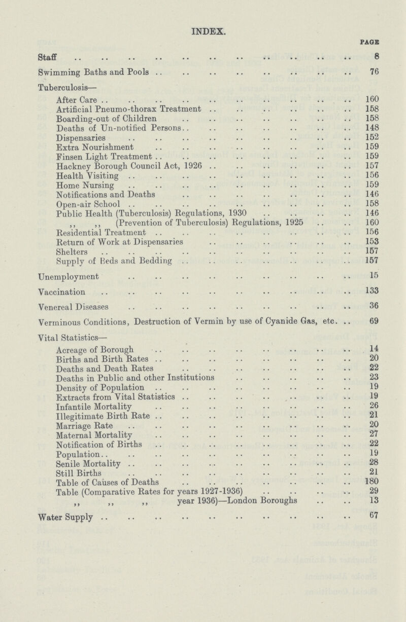 INDEX. PAGE Staff 8 Swimming Baths and Pools 76 Tuberculosis— After Care 160 Artificial Pneumo.thorax Treatment 158 Boarding.out of Children 158 Deaths of Un.notified Persons 148 Dispensaries 152 Extra Nourishment 159 Finsen Light Treatment 159 Hackney Borough Council Act, 1926 157 Health Visiting 156 Home Nursing 159 Notifications and Deaths 146 Open.air School 158 Public Health (Tuberculosis) Regulations, 1930 146 ,, ,, (Prevention of Tuberculosis) Regulations, 1925 160 Residential Treatment 156 Return of Work at Dispensaries 153 Shelters 157 Supply of Beds and Bedding 157 Unemployment 15 Vaccination 133 Venereal Diseases 36 Verminous Conditions, Destruction of Vermin by use of Cyanide Gas, etc. 69 Vital Statistics— Acreage of Borough 14 Births and Birth Rates 20 Deaths and Death Rates 22 Deaths in Public and other Institutions 23 Density of Population 19 Extracts from Vital Statistics 19 Infantile Mortality 26 Illegitimate Birth Rate 21 Marriage Rate 20 Maternal Mortality 27 Notification of Births 22 Population 19 Senile Mortality 28 Still Births 21 Table of Causes of Deaths 180 Table (Comparative Rates for years 1927.1936) 29 ,, ,, ,, year 1936)—London Boroughs 13 Water Supply 67